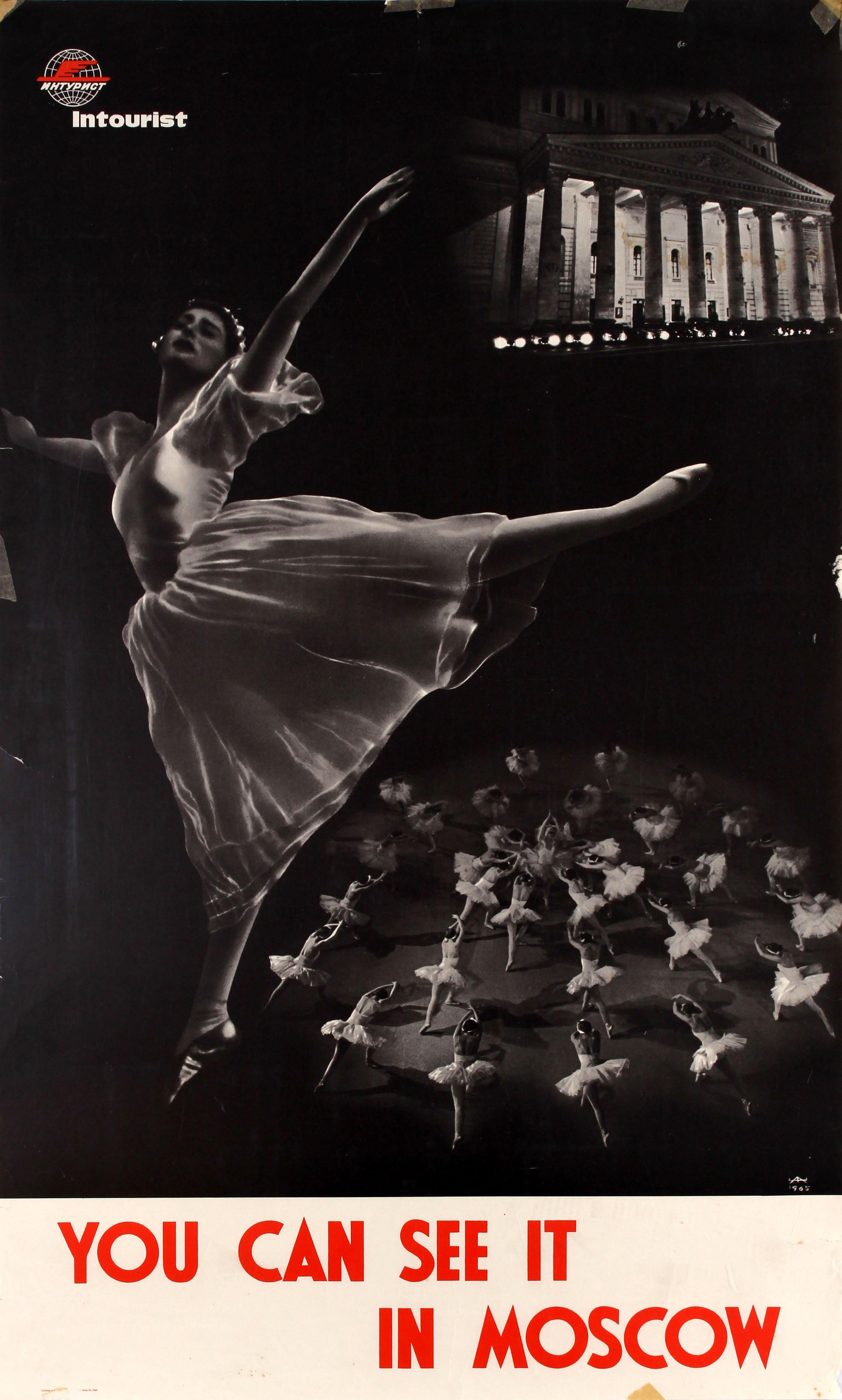 Original vintage Soviet travel poster advertising the Russian Ballet - You Can See it In Moscow - issued by Intourist featuring a black and white photo of a ballet dancer above a stage with more dancers and a photo of the Bolshoi Ballet theatre lit