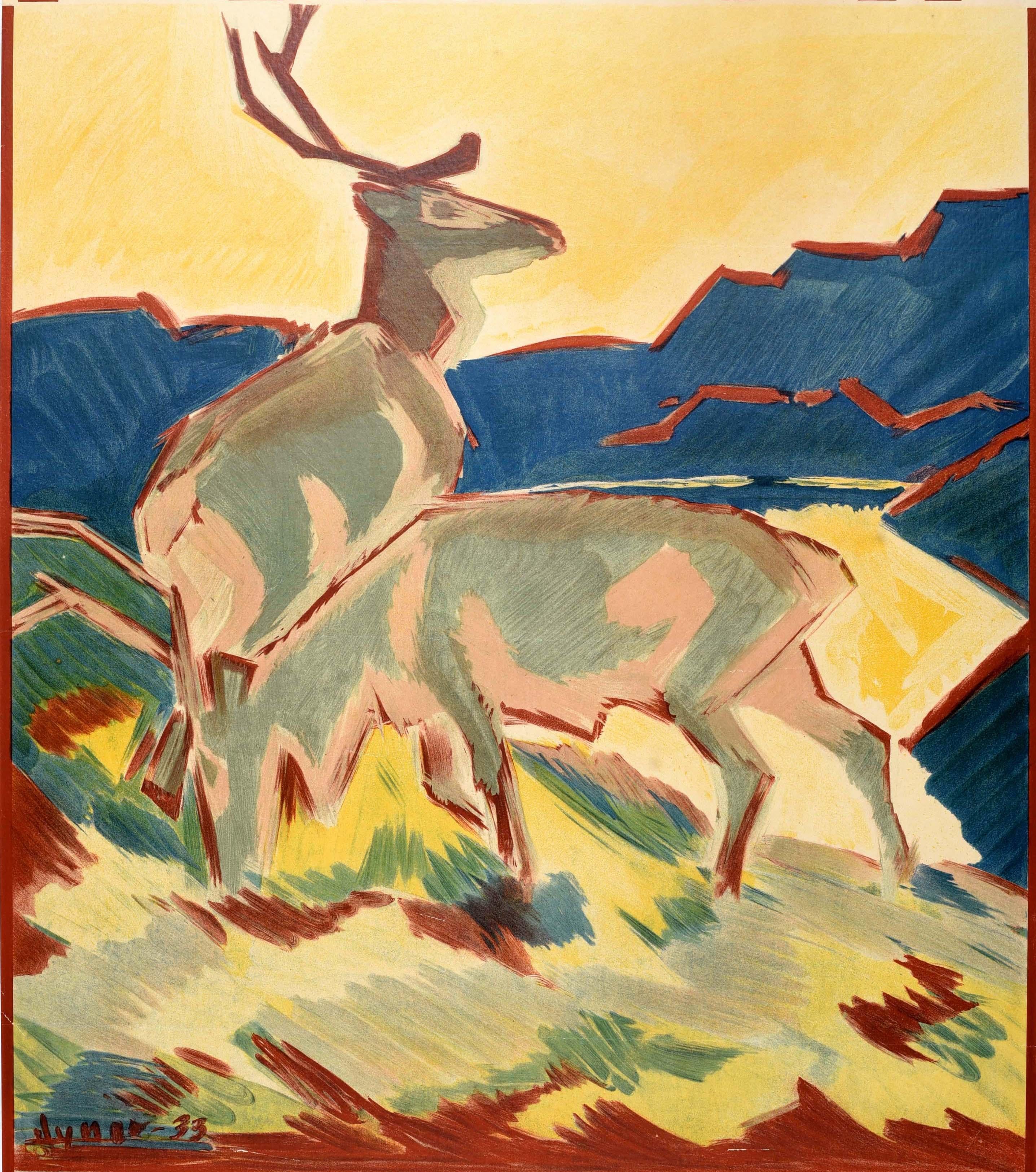 Original vintage travel poster - Summer Night In Norway - featuring stunning artwork by the Norwegian painter and illustrator Gert Jynge (1904-1994) depicting two deer grazing on the grass in the foreground, the hill above a fjord with mountains in