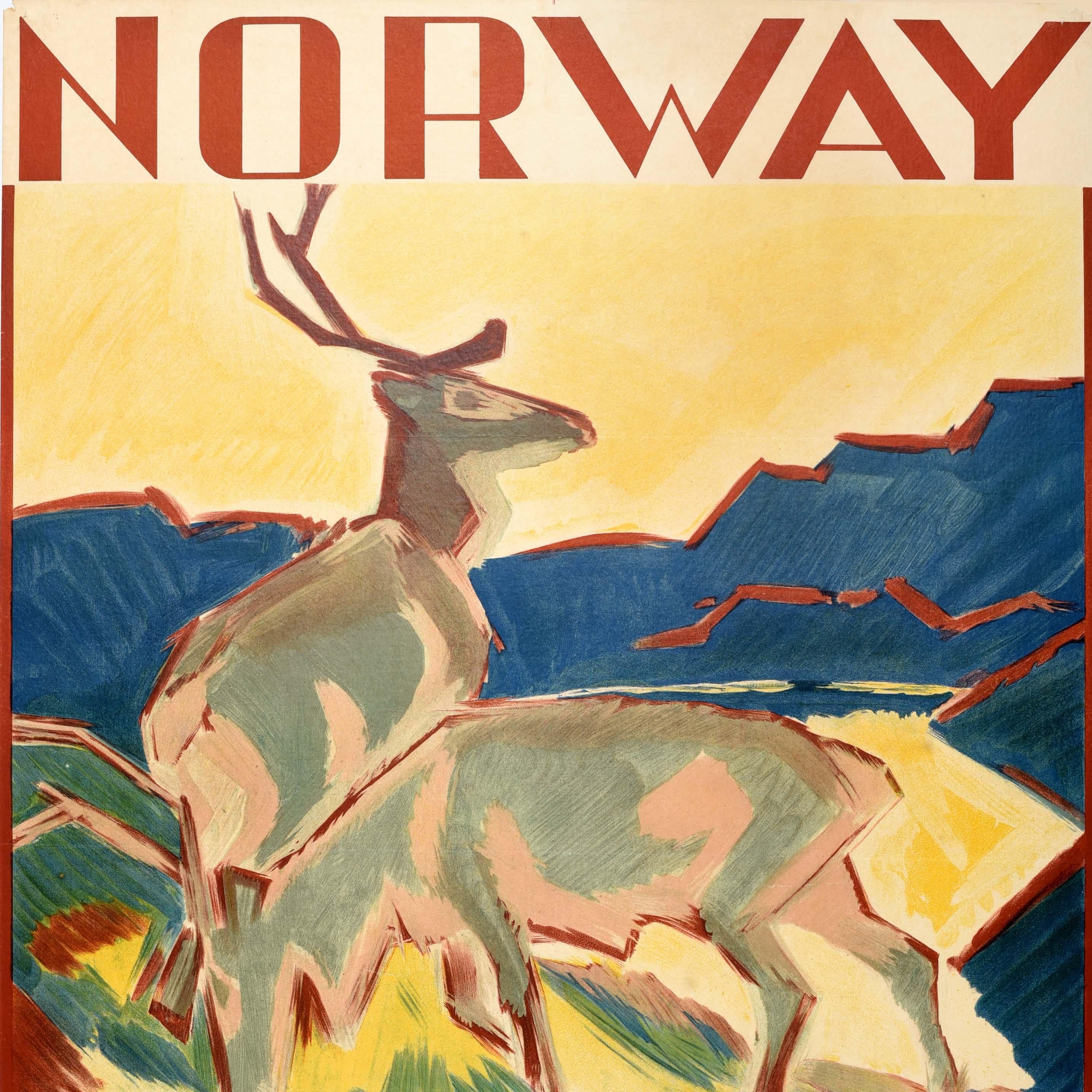 Norwegian Original Vintage Scandinavia Travel Poster Summer Night In Norway Deer G Jynge For Sale