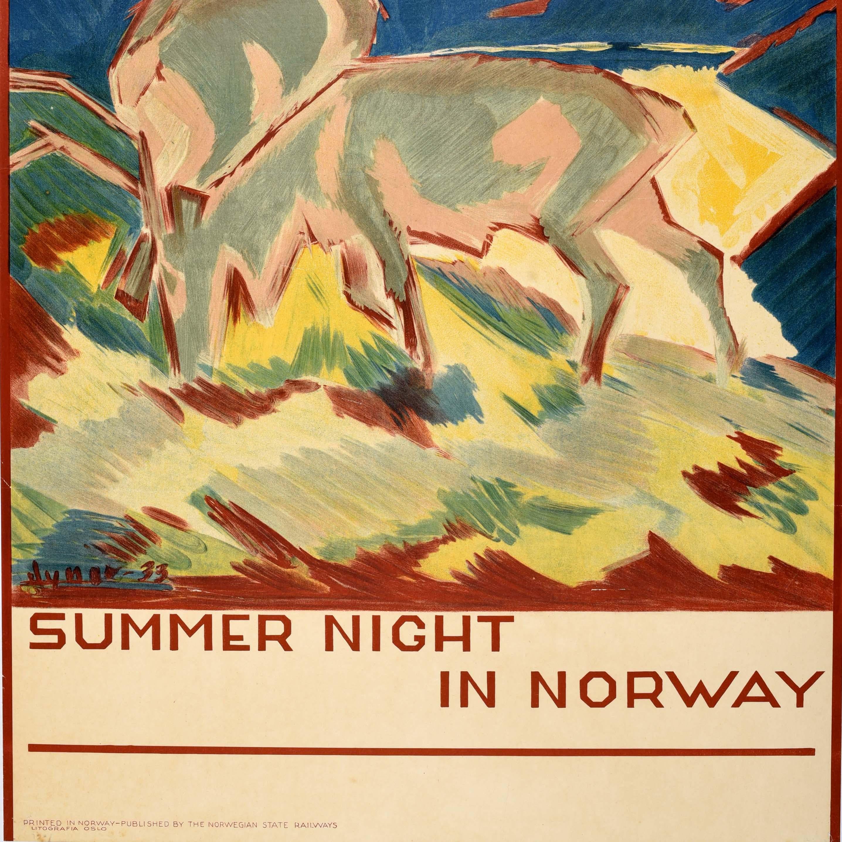 Poster di viaggio originale d'epoca per la Scandinavia Notte d'estate in Norvegia Cervo G Jynge In condizioni buone in vendita a London, GB