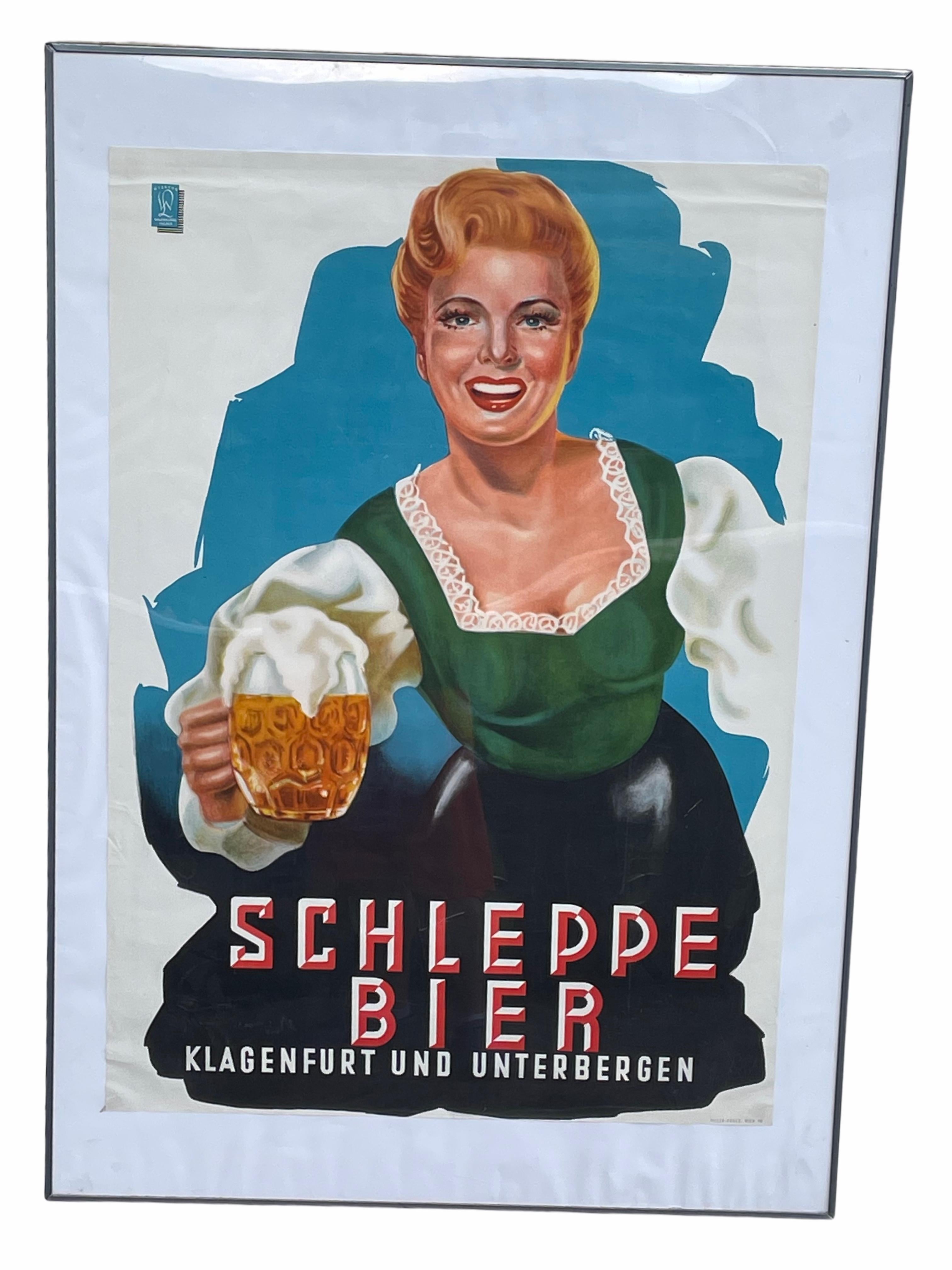 A beautiful lithographed Poster for Schleppe Bier Advertising. It is featuring a great image of an Austrian woman in original costume who serves half a beer. Published by Werbung, Walter Lickel in Villach and printed by Piller Druck, Vienna Wien.