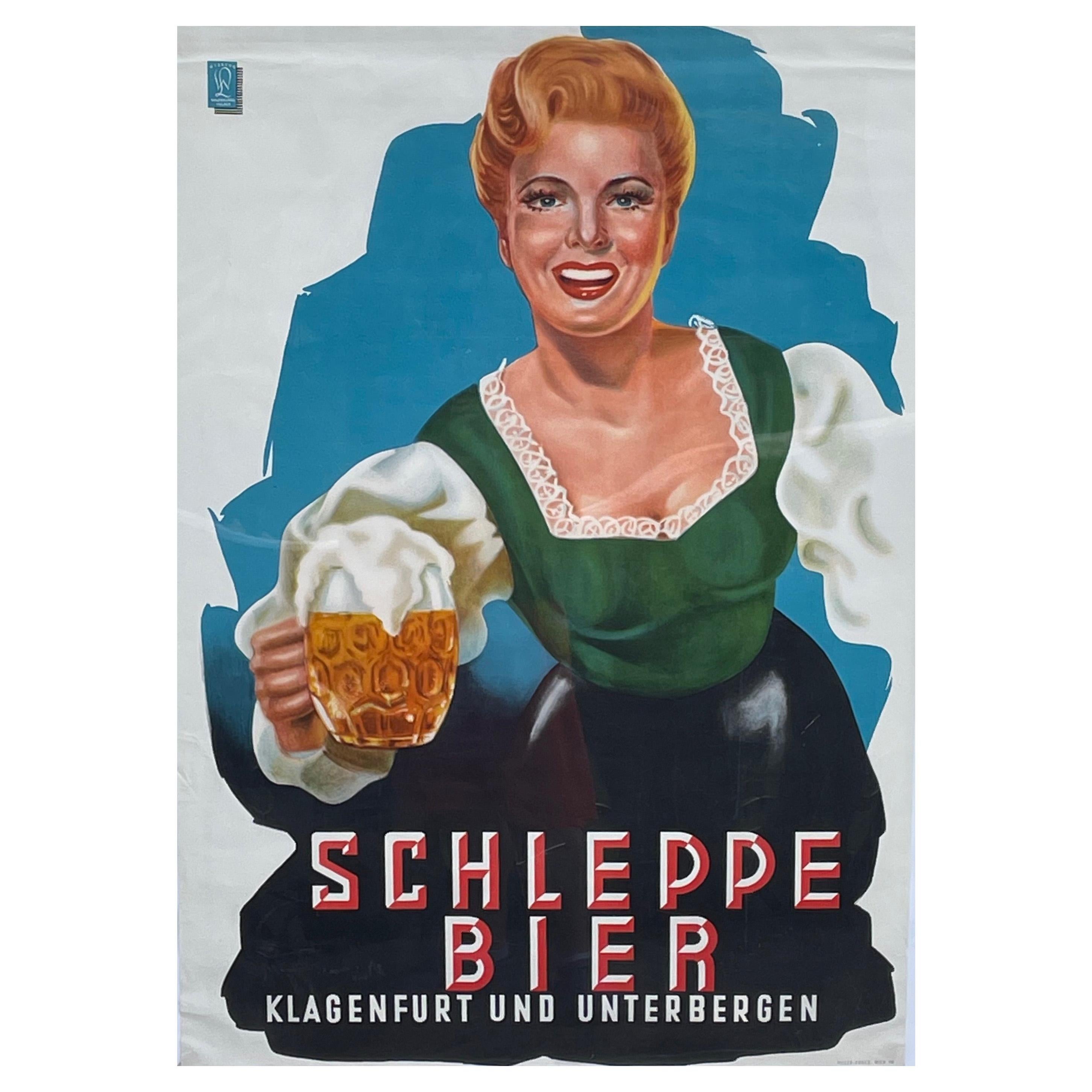 Original Vintage Schleppe Bier Poster Austria Beer Advertising, 1950s
