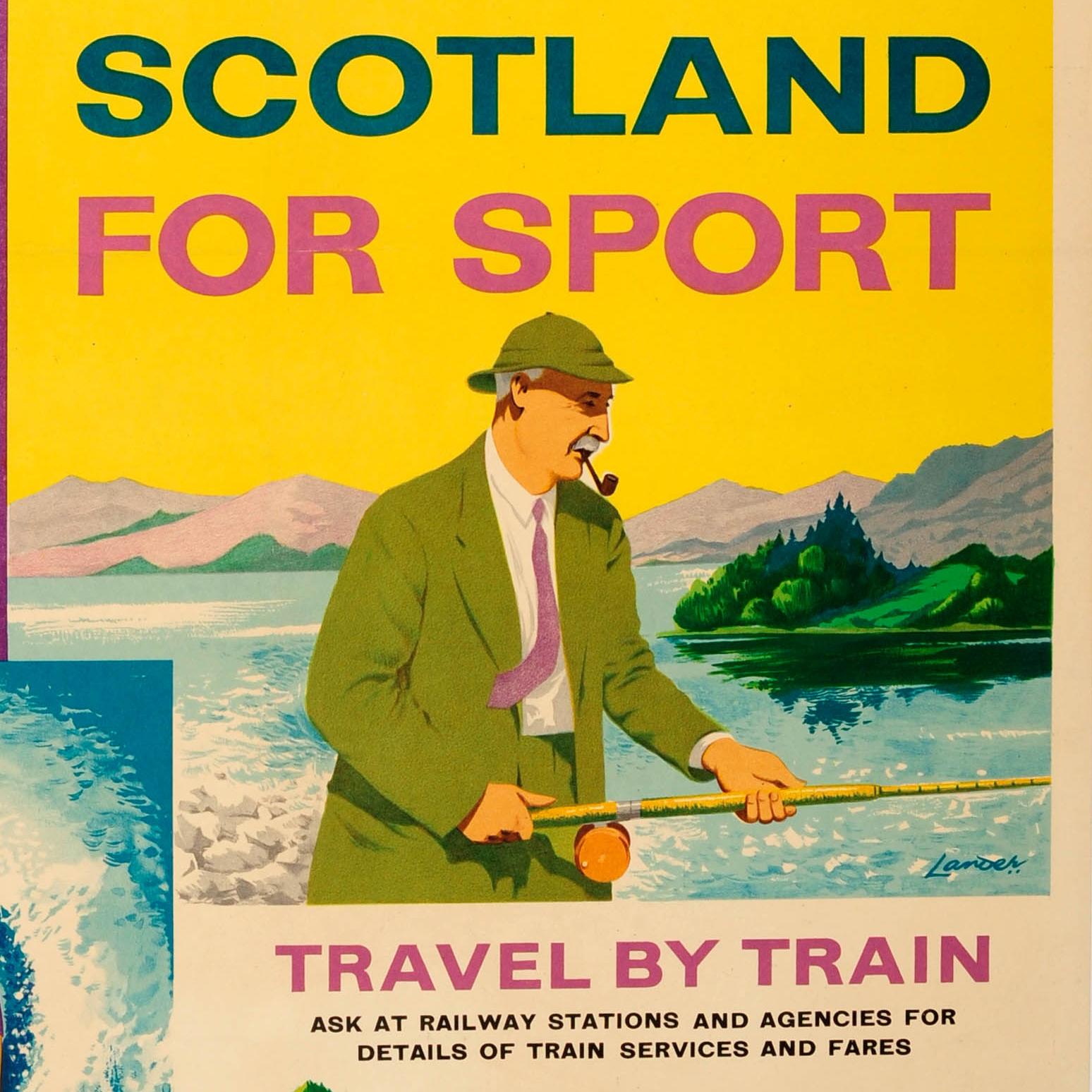 Poster di viaggio originale d'epoca emesso da British Railways: Scotland for Sport travel by train - con un disegno colorato di piccole immagini che ritraggono persone che praticano le varie attività sportive offerte dalla Scozia: un uomo che gioca