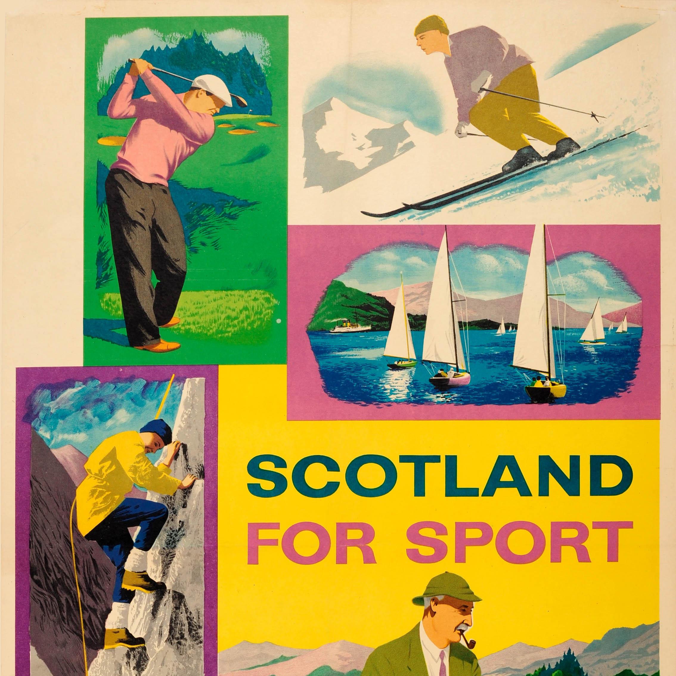 Original Vintage Scotland For Sport British Railways Poster: Golf Skiing Sailing In Good Condition For Sale In London, GB