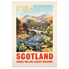 Original Retro Scotland Travel Poster Old Bridge River Dee Scottish Highlands