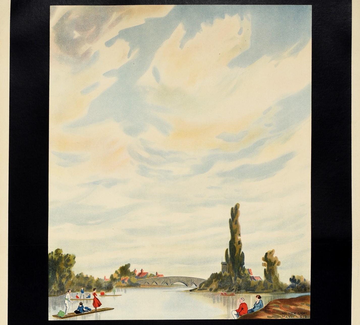 Original vintage travel poster for the Fair Land of Kent featuring scenic artwork by Milner Gray (1899-1997) of The River Medway in South East England depicting people sitting on the river bank watching people punting on rowing boats on the calm