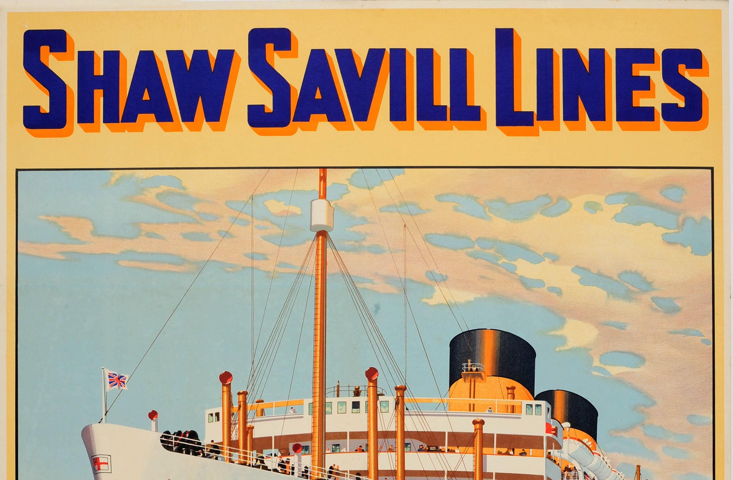 Original vintage cruise ship travel advertising poster for Shaw Savill Lines - England - South Africa - Australia - New Zealand featuring a great illustration by William McDowell (1988-1950) of the Dominion Monarch ocean liner sailing at sea in