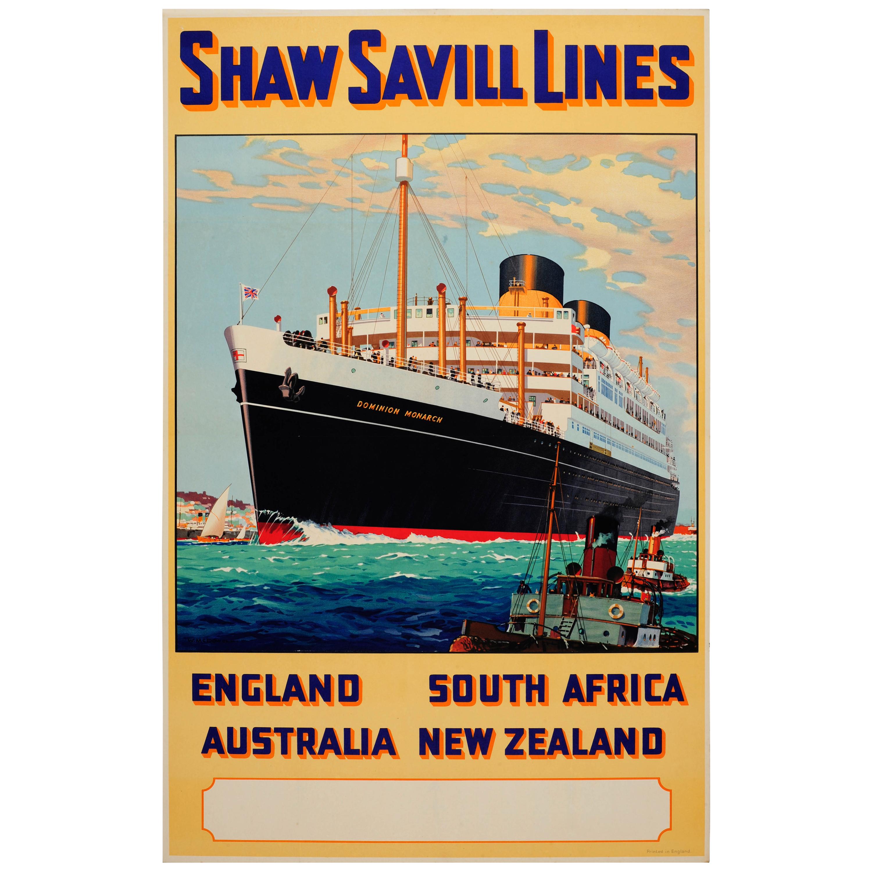 Original Vintage Shaw Savill Lines Cruise Liner Travel Poster Dominion Monarch