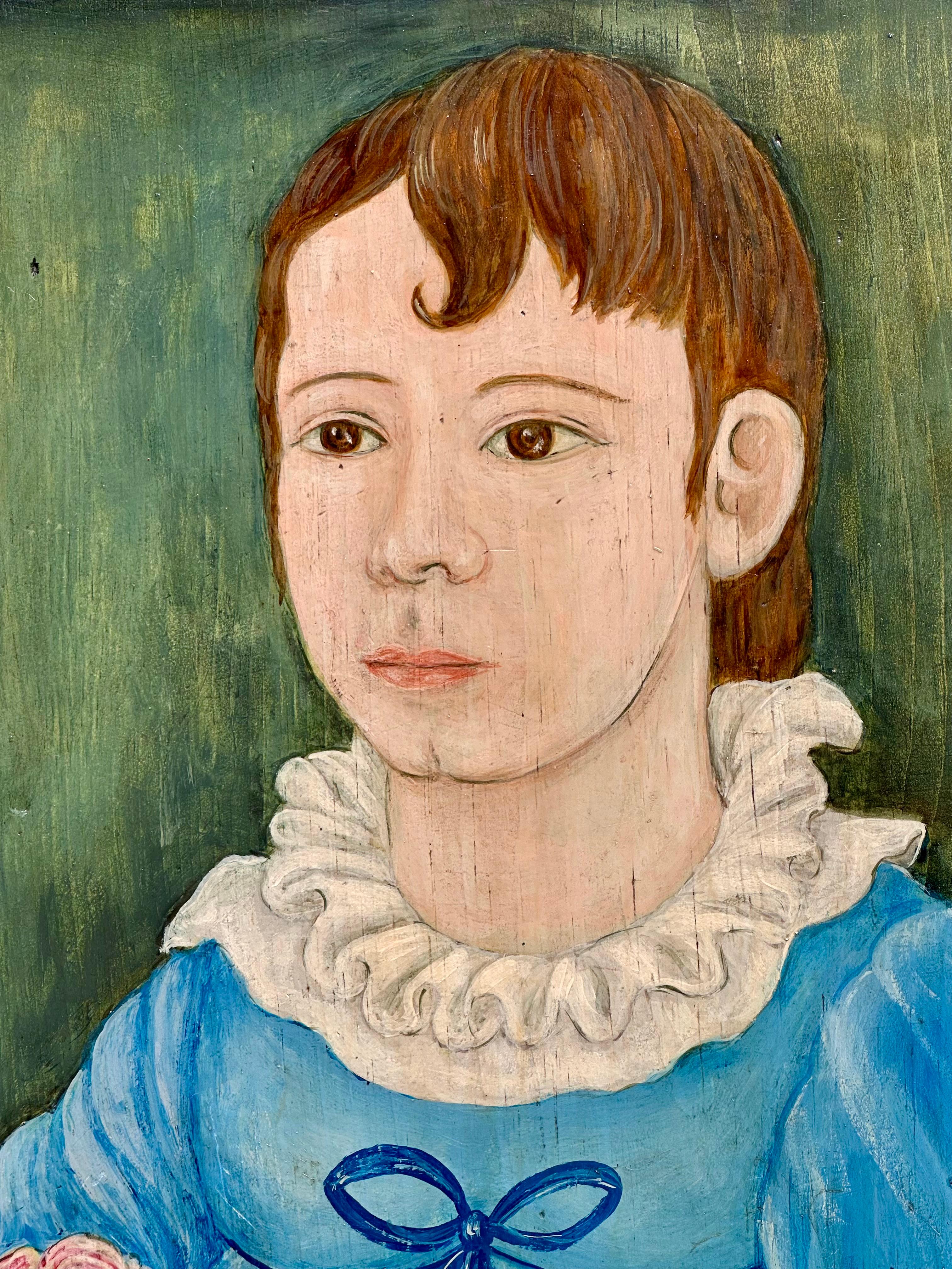 Original Vintage Signed Folk Art Portrait Painting on Wood Panel

Charming half-length primitive portrait painting of a young girl on a wood panel. She is wearing a blue dress and holding a pink flower. The painting is characterized by strong colors