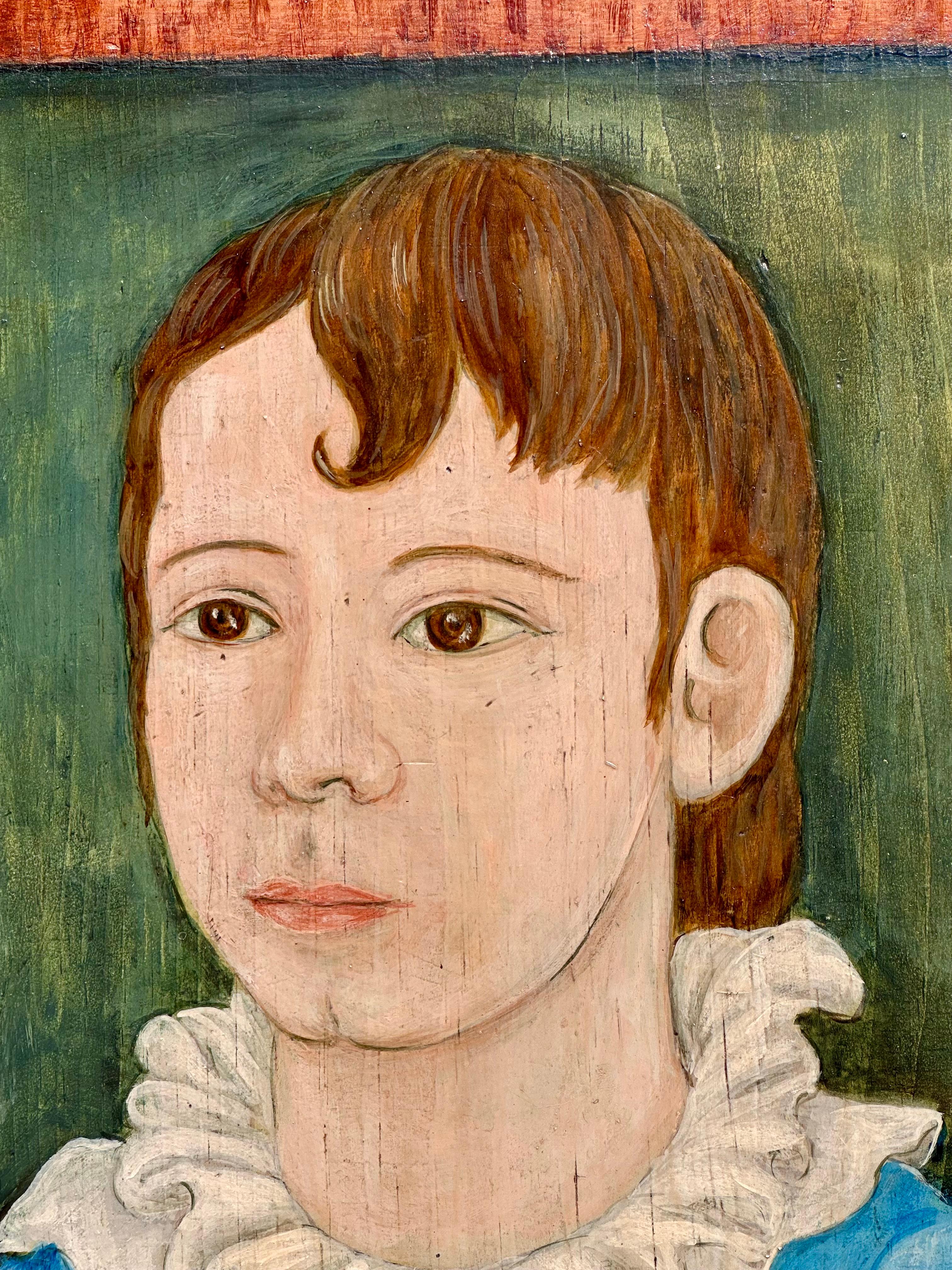 American Original Vintage Signed Folk Art Portrait Painting on Wood Panel For Sale