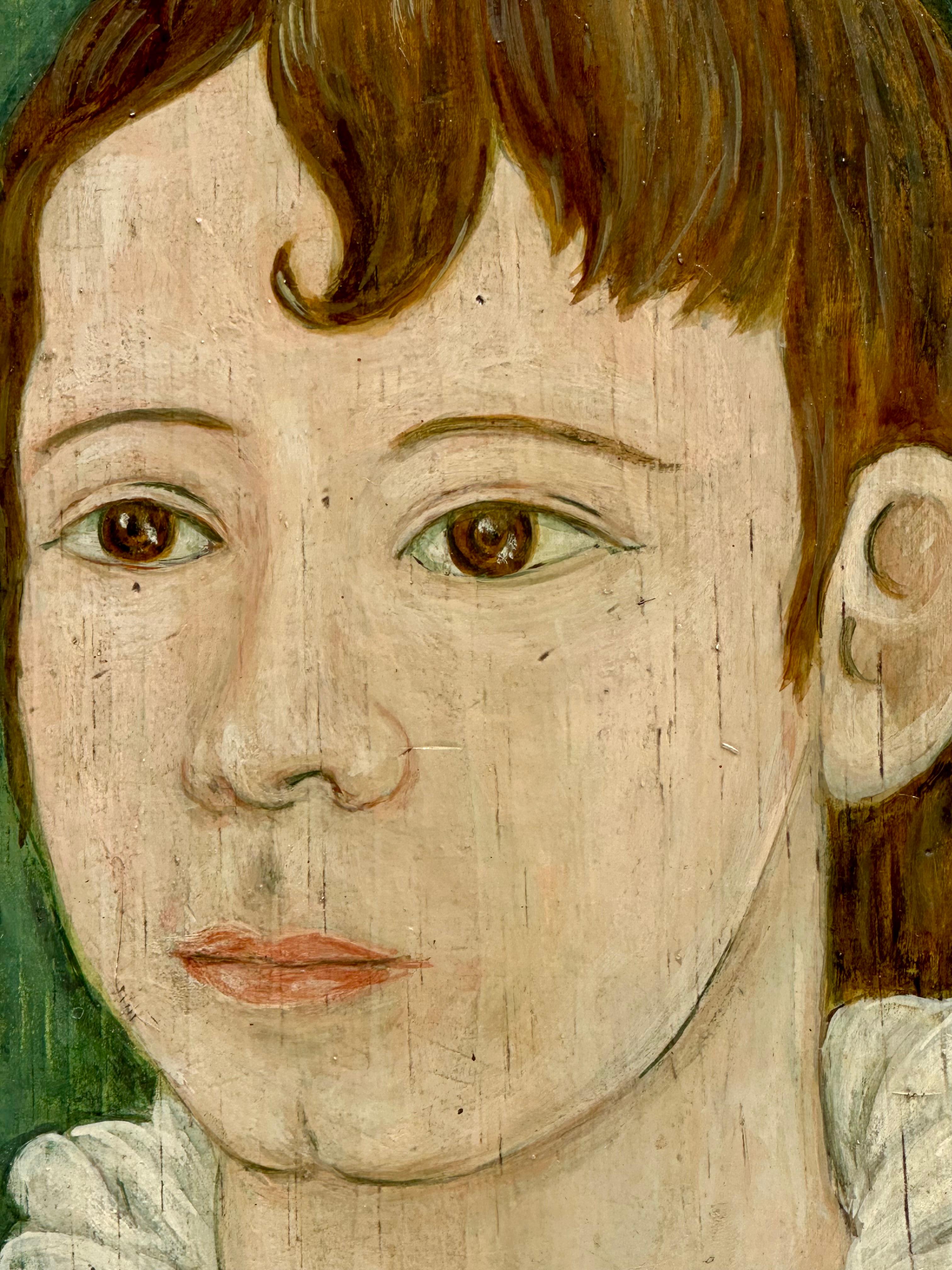 Hand-Painted Original Vintage Signed Folk Art Portrait Painting on Wood Panel For Sale