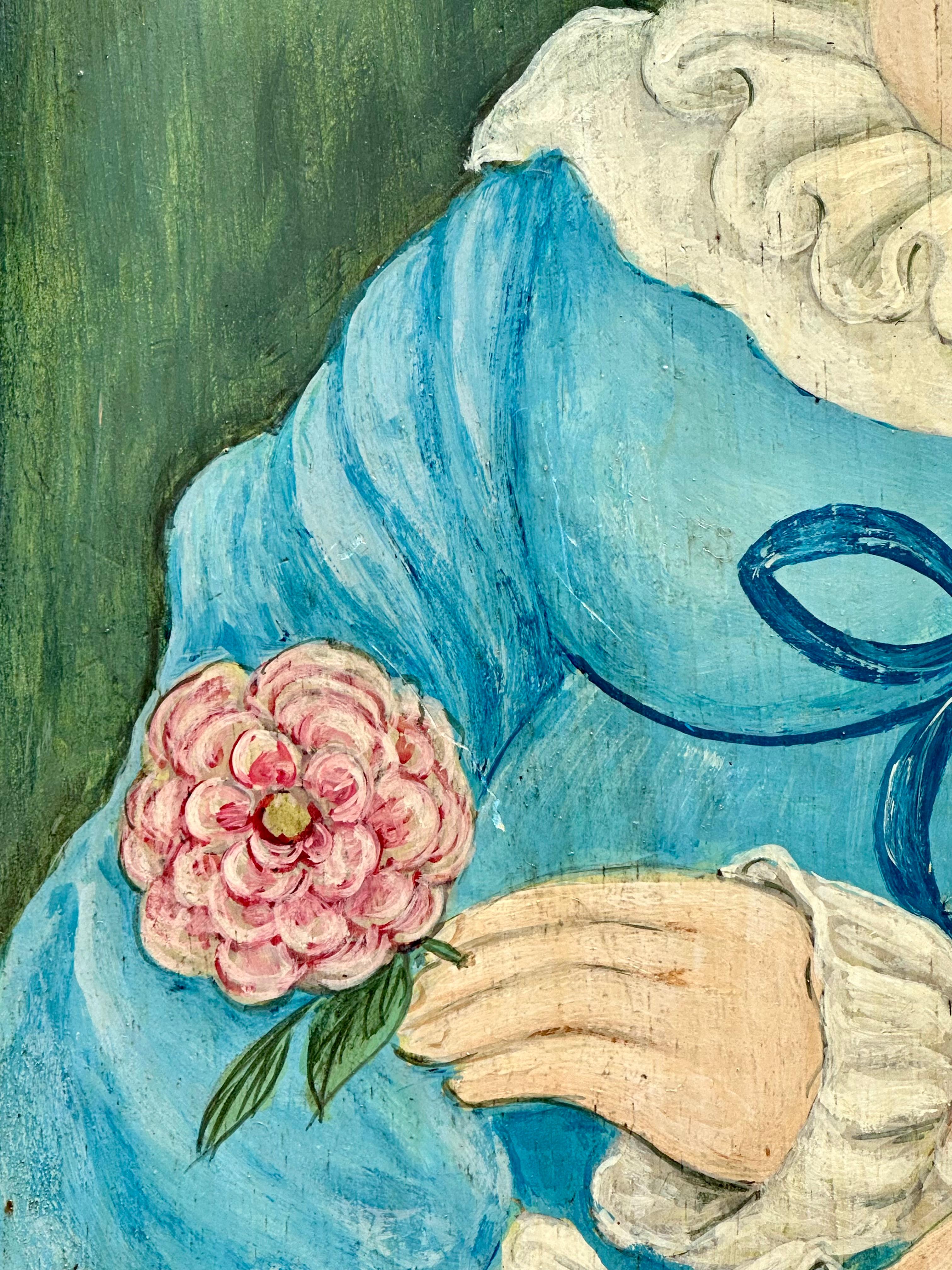 Original Vintage Signed Folk Art Portrait Painting on Wood Panel For Sale 1