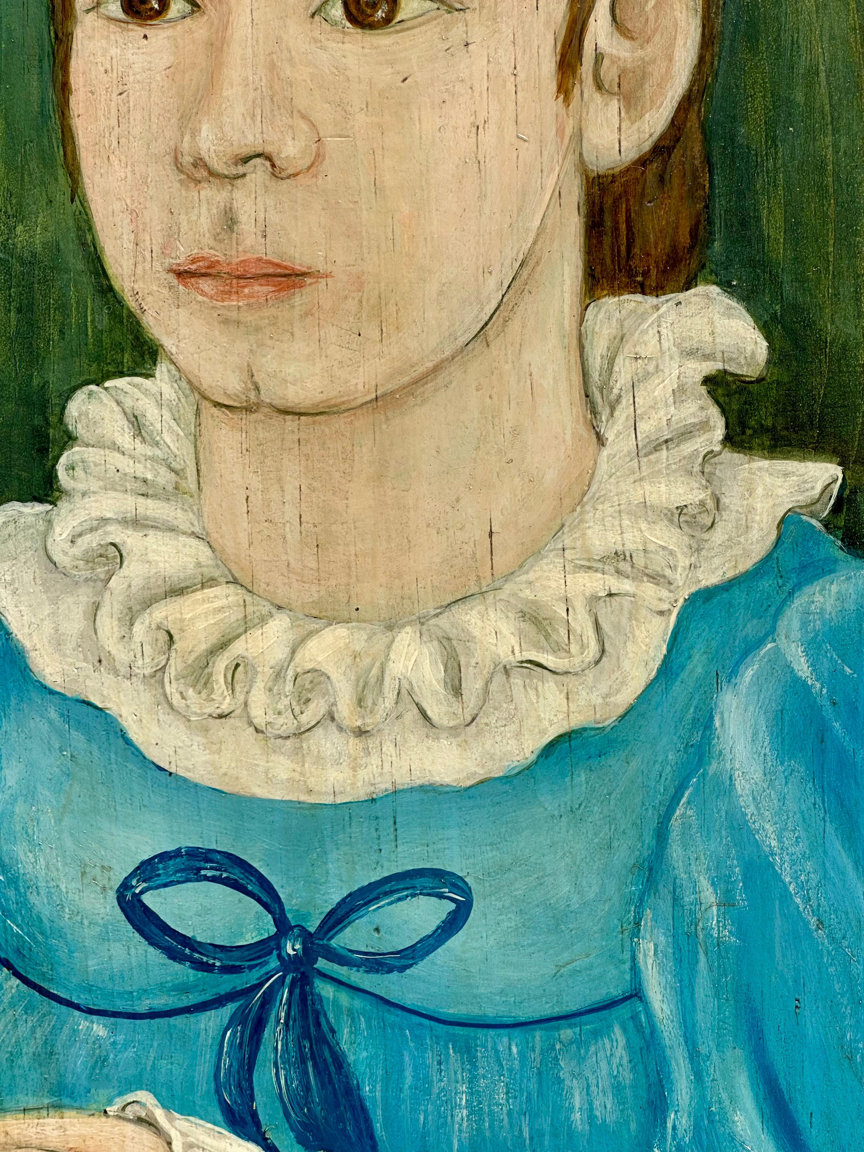 Original Vintage Signed Folk Art Portrait Painting on Wood Panel For Sale 2
