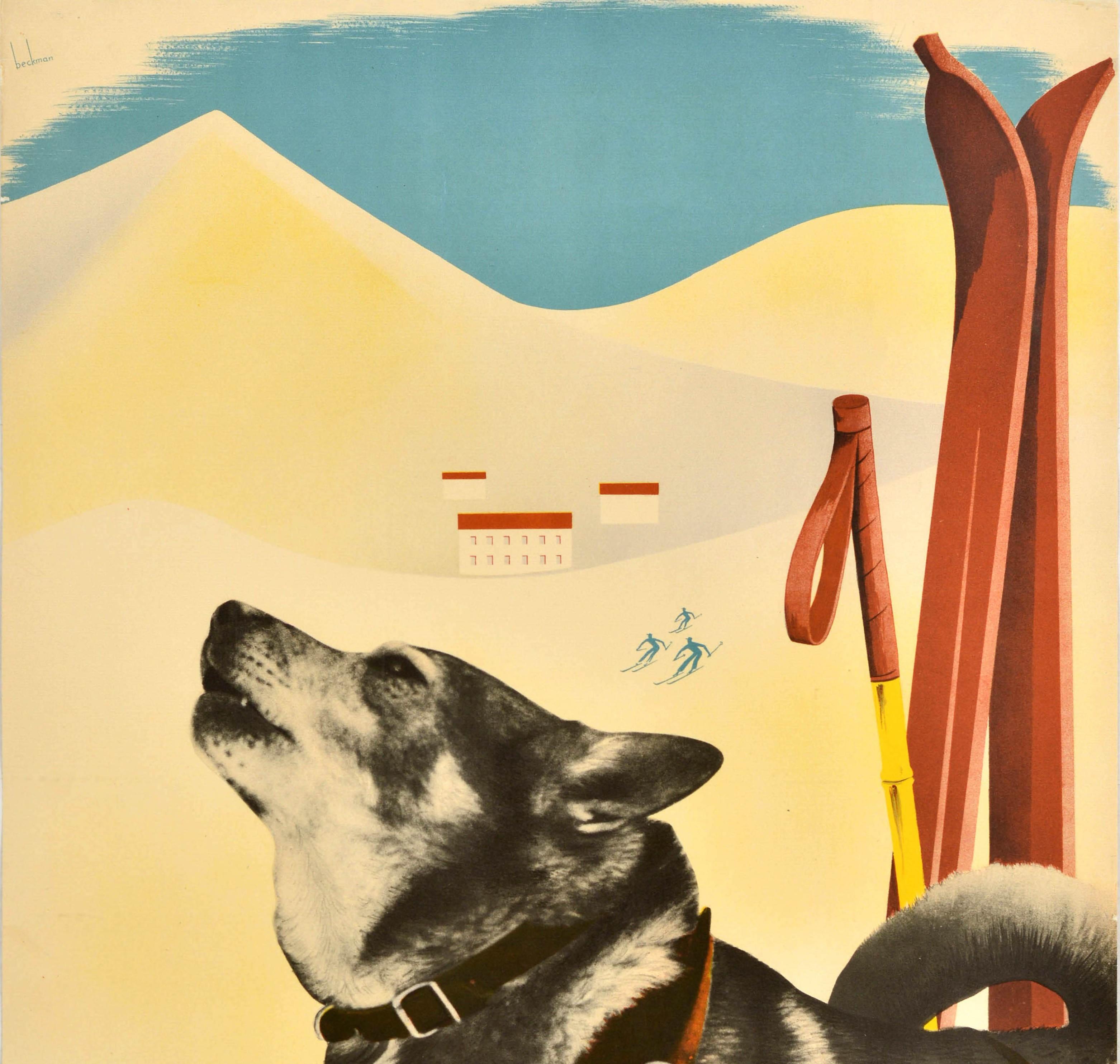 Original vintage ski and winter sport poster - Sverige Vintersportlandet - featuring a great design by Anders Beckman (1907-1967) depicting a black and white photograph of a Norwegian Elkhound or husky dog wearing a harness in the foreground with