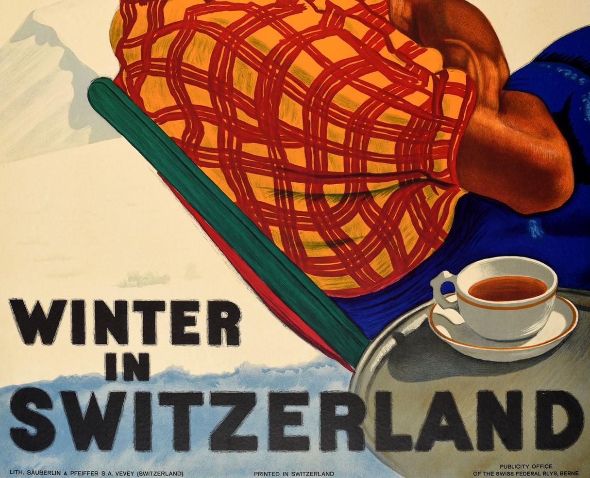 Mid-20th Century Original Vintage Ski Poster Winter In Switzerland Swiss Railways Travel Sport