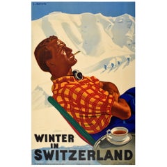 Original Vintage Ski Poster Winter In Switzerland Swiss Railways Travel Sport