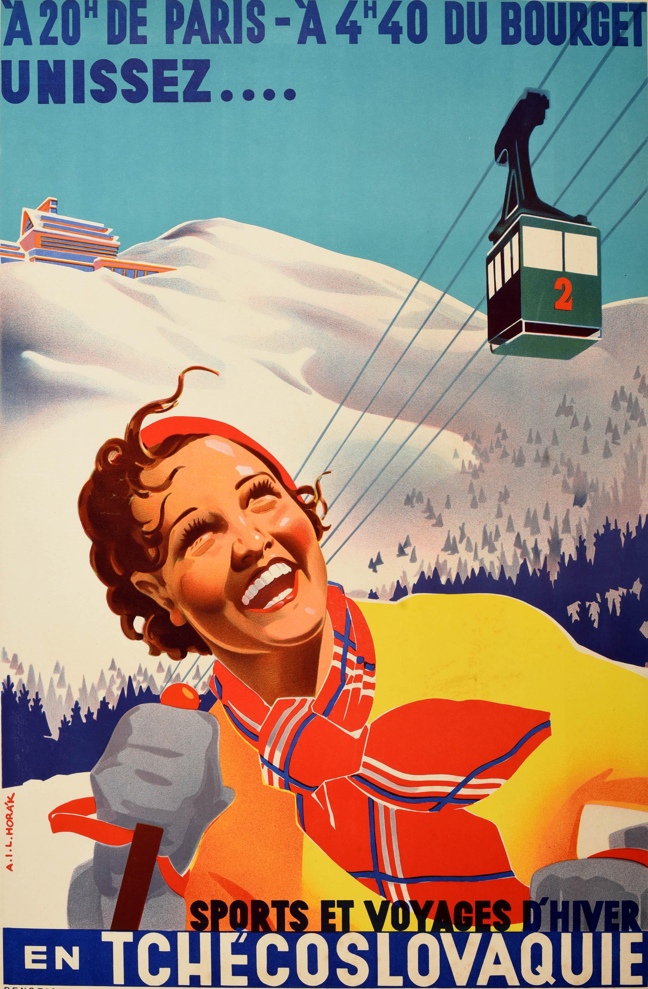 Original vintage ski poster for Winter Sports and Travel in Czechoslovakia - Sports et Voyages d'Hiver en Tchecoslovaquie - featuring a great design by Ladislav Horak (b. 1904) of a laughing lady skiing in a yellow and patterned red scarf, looking