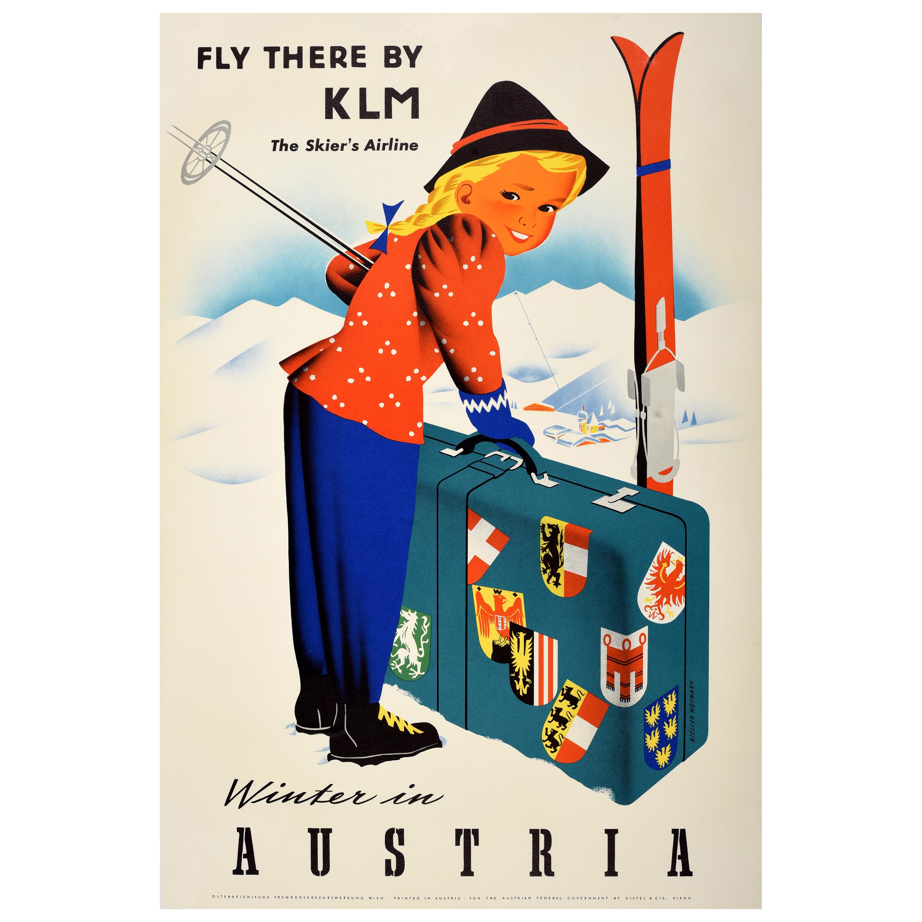 Poster originale d'epoca per lo sport sciistico Inverno in Austria KLM Sciatori Linea Aerea in vendita