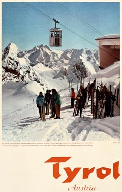 Original Vintage Ski Travel Poster Advertising Tyrol Austria Ski Lift Alps