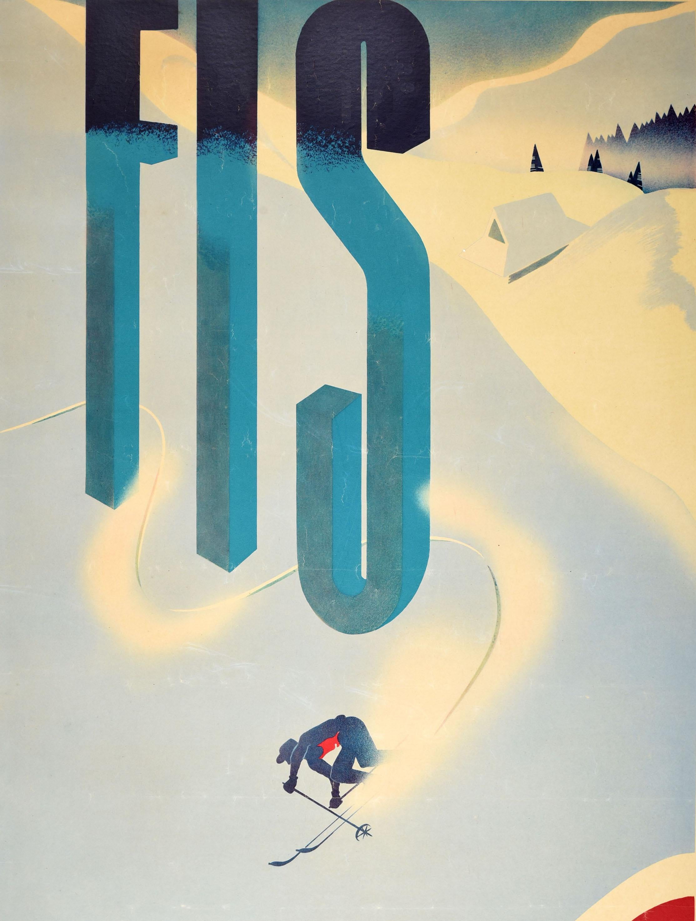 Original vintage ski travel poster for the FIS Ski Championships of the World Zakopane Poland 11-19 February 1939. Dynamic design depicting a skier skiing at speed in a slalom race around the letters FIS with a snow covered chalet and trees visible