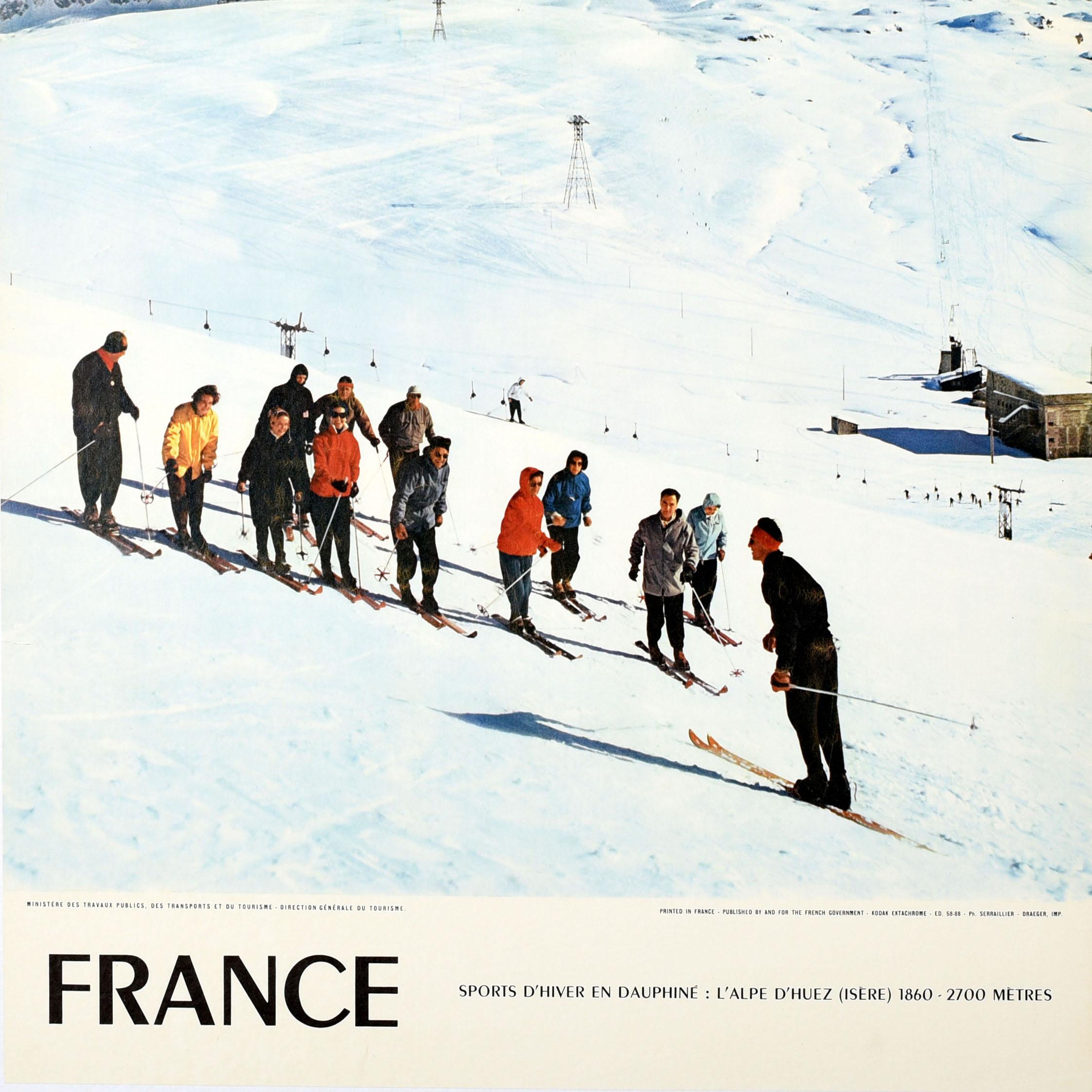 French Original Vintage Ski Travel Poster France Winter Sports Alps Alpe d'Huez Isere For Sale