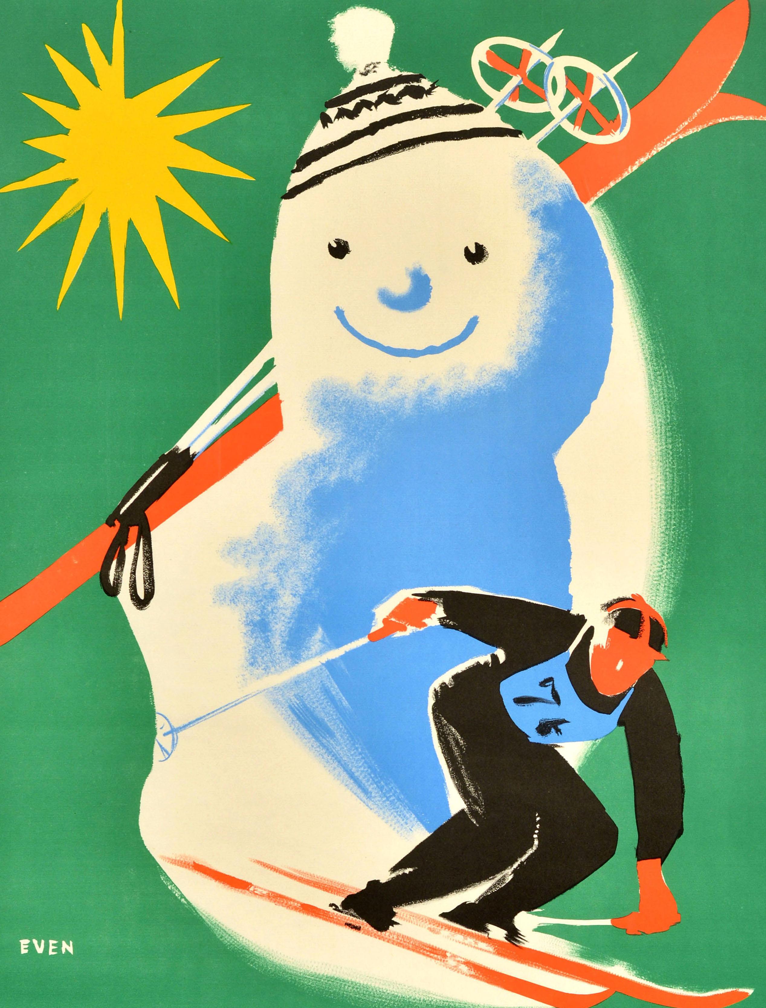 Original vintage ski travel poster for Le Mont Dore Auvergne in France featuring a fun design by Jean Even (1910-1986) depicting a skier wearing a racing bib skiing down a slope at speed with a smiling snowman wearing a bobble hat and holding skis