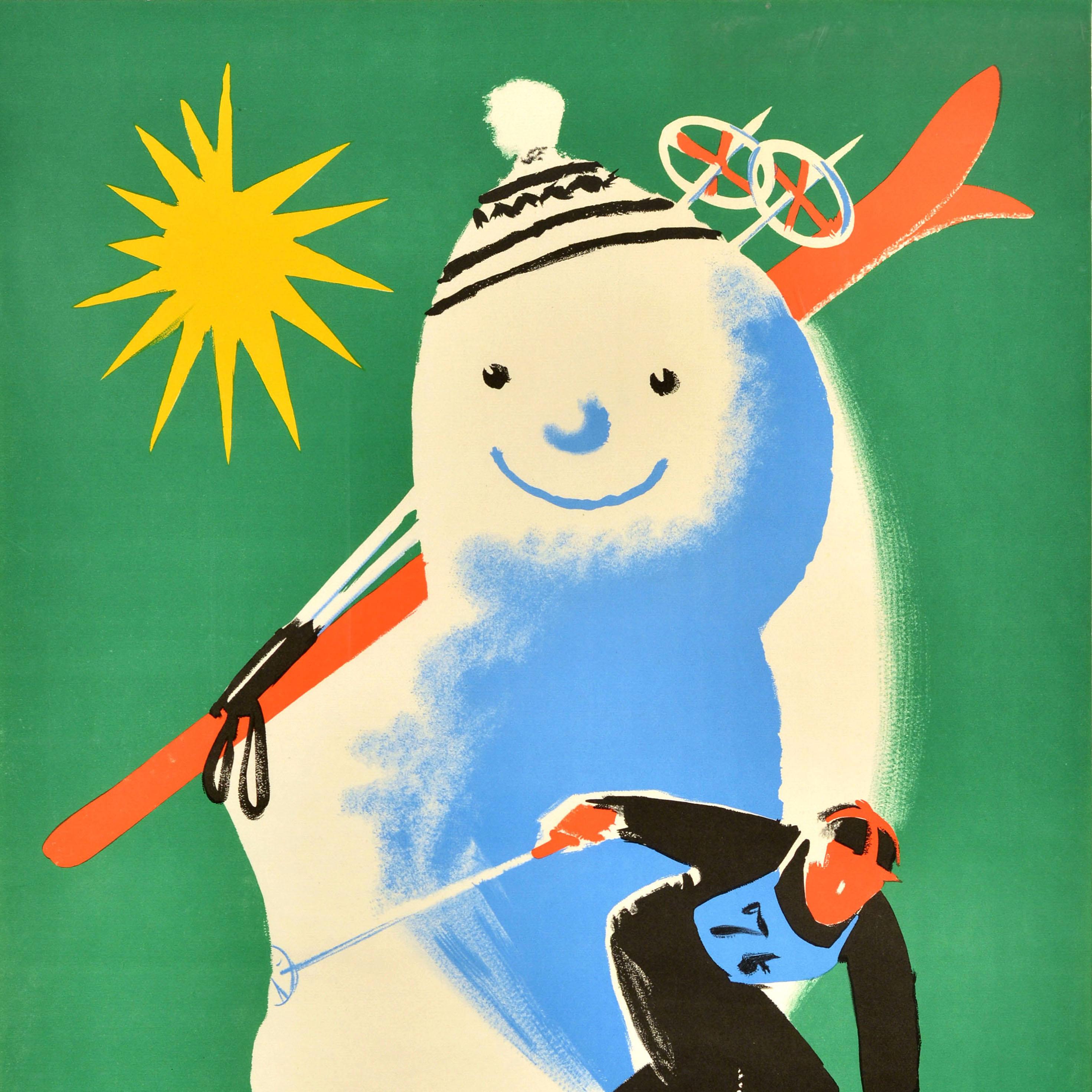 French Original Vintage Ski Travel Poster Mont Dore Auvergne Snowman France Skiing Art For Sale