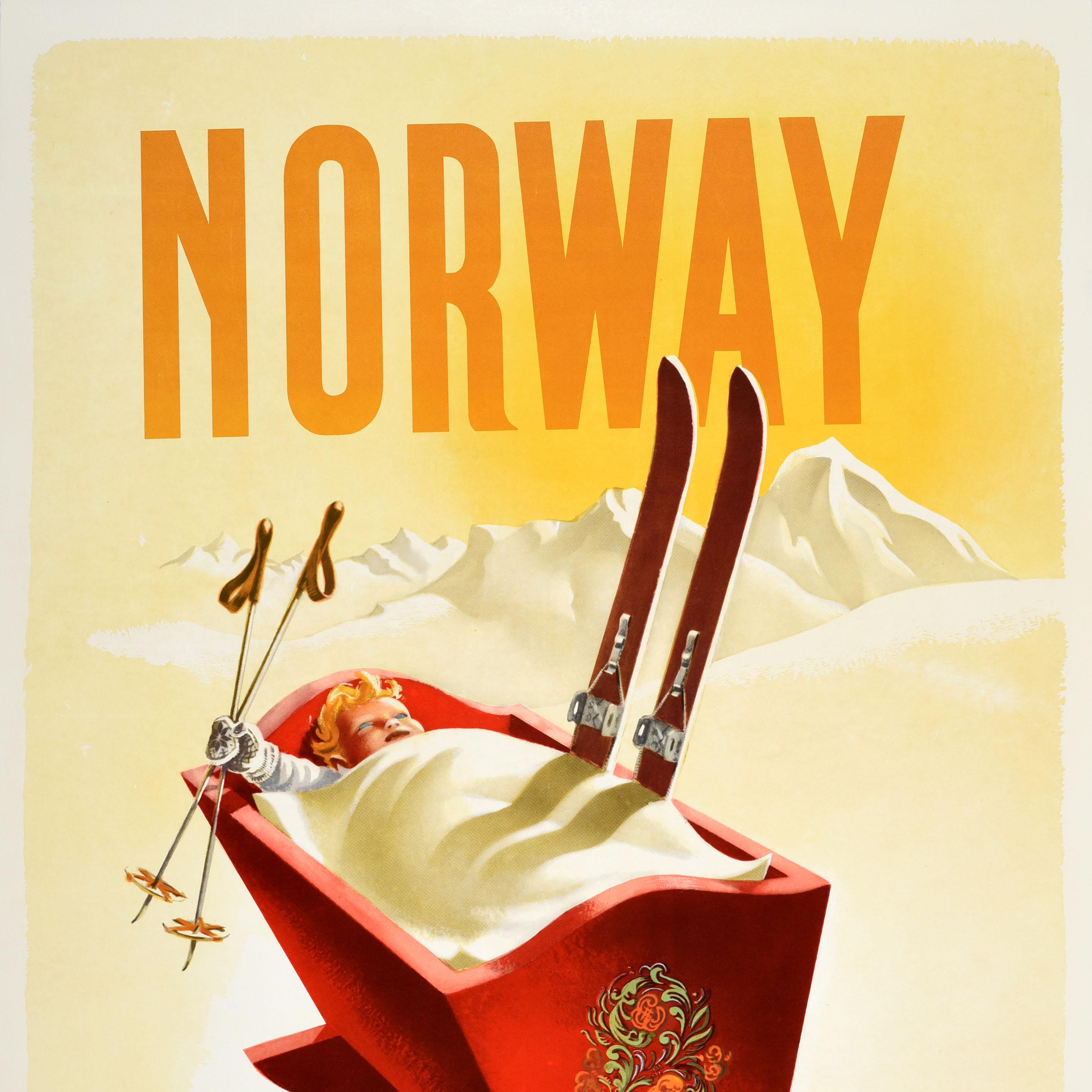 Norwegian Original Vintage Ski Travel Poster Norway Cradle Of Skiing Knut Yran Scandinavia For Sale