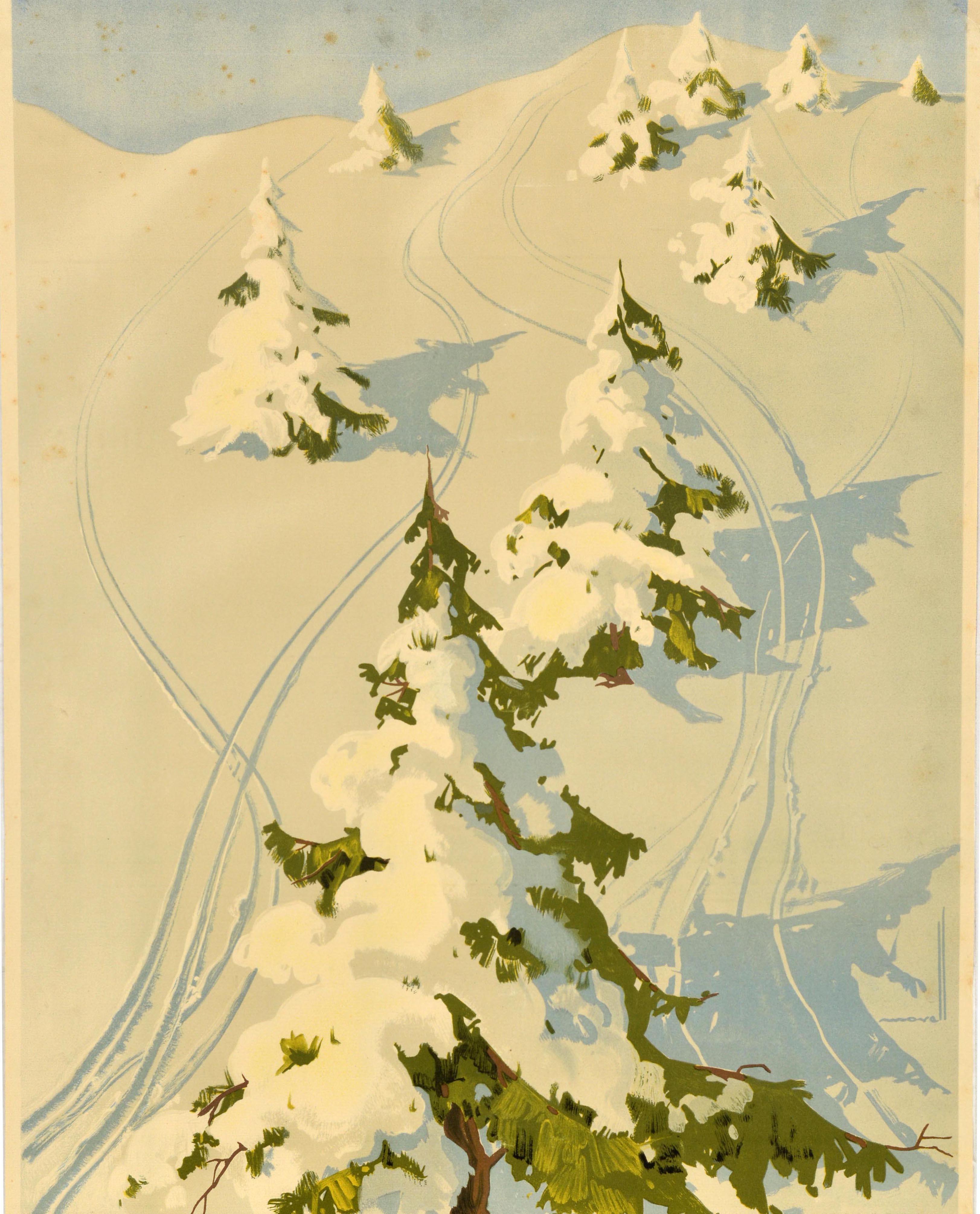 Poster originale d'epoca per lo sci - Sport sulla neve / Deportes De Nieve - Il design raffigura una pista da sci con piste da sci che si intrecciano tra alberi innevati e scritte in grassetto che elencano le località sciistiche di montagna, tra cui