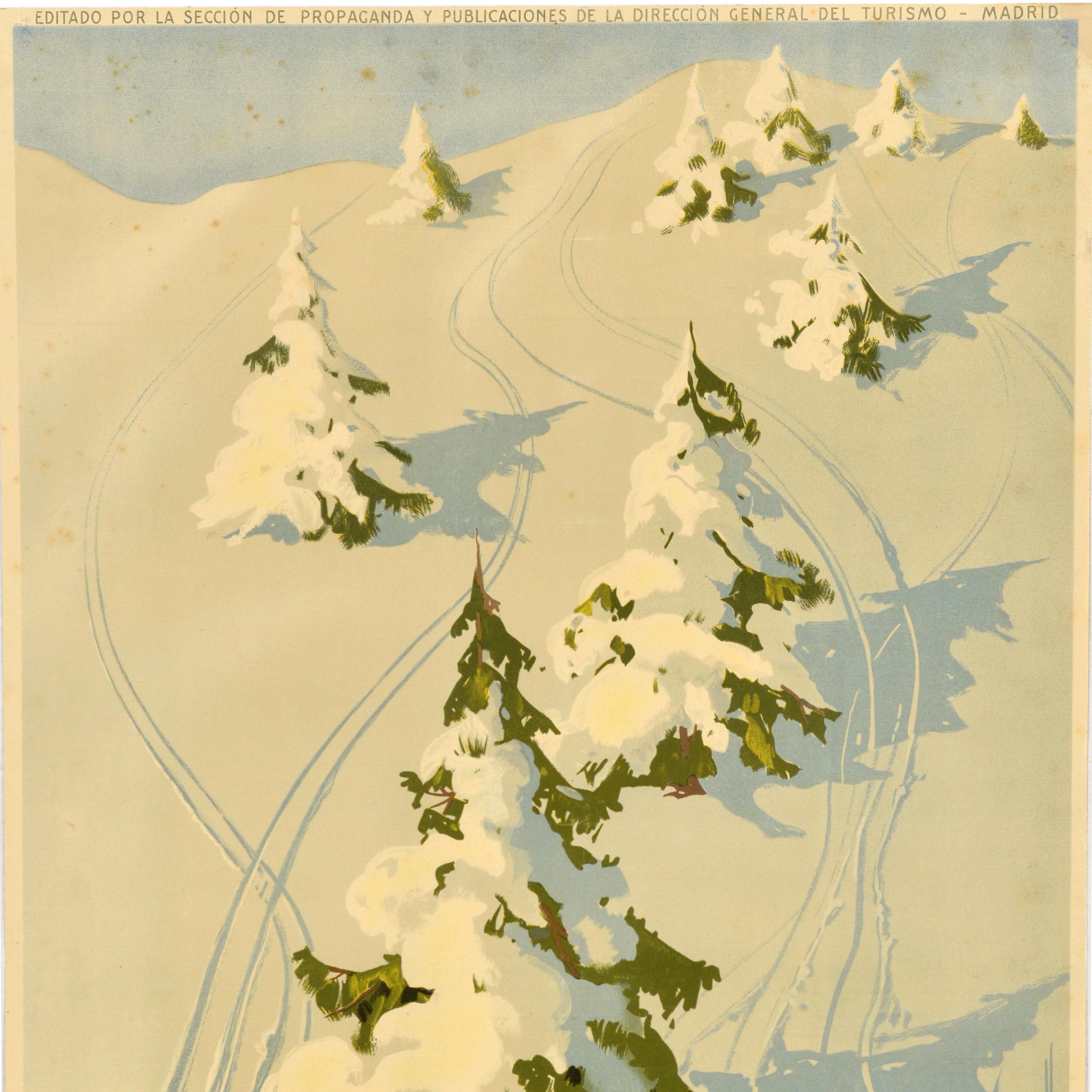 Spagnolo Poster da viaggio originale d'epoca per lo sci, sport sulla neve e sport della neve dei Pirenei, Spagna in vendita