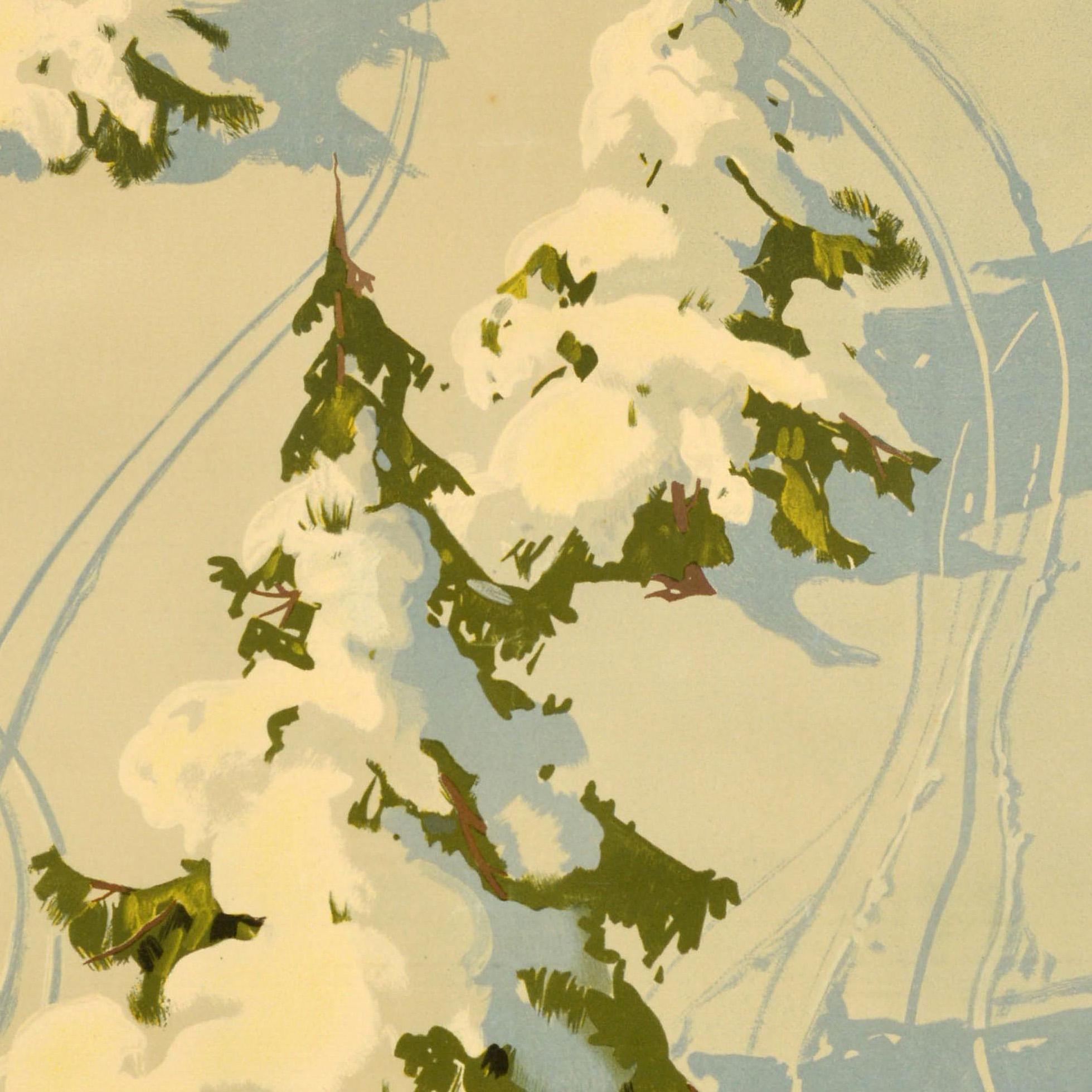 Metà XX secolo Poster da viaggio originale d'epoca per lo sci, sport sulla neve e sport della neve dei Pirenei, Spagna in vendita