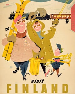 Original Vintage Ski Travel Poster Visit Finland For Wintersports R Christianson