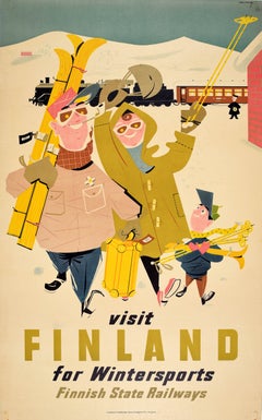 Original Vintage Ski Travel Poster Visit Finland For Wintersports R Christianson