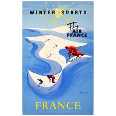 Original Vintage Ski Travel Poster Winter Sports Fly Air France Villemot Design
