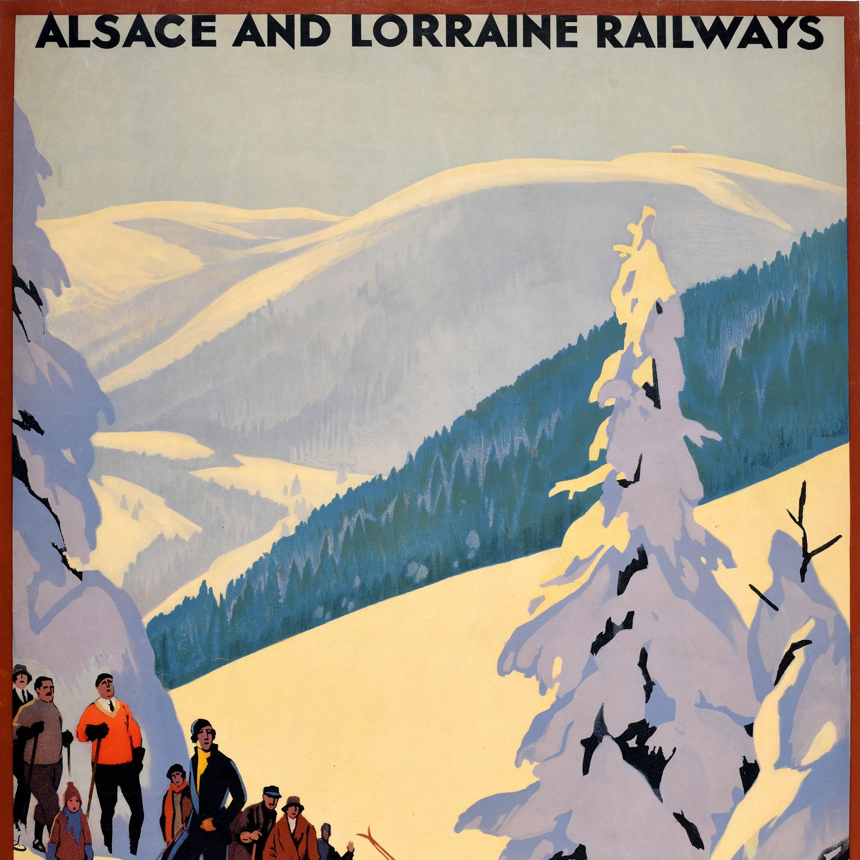 Original vintage ski travel poster - Alsace and Lorraine Railways Winter Sports in the Vosges The Munster Walley and The Hohneck - featuring a stunning Art Deco design by the notable French artist Roger Broders (1883-1953) of a man skiing past snow