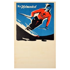 Affiche publicitaire originale vintage de ski en cire de Holmenkol, Allemagne, Design d'un skieur