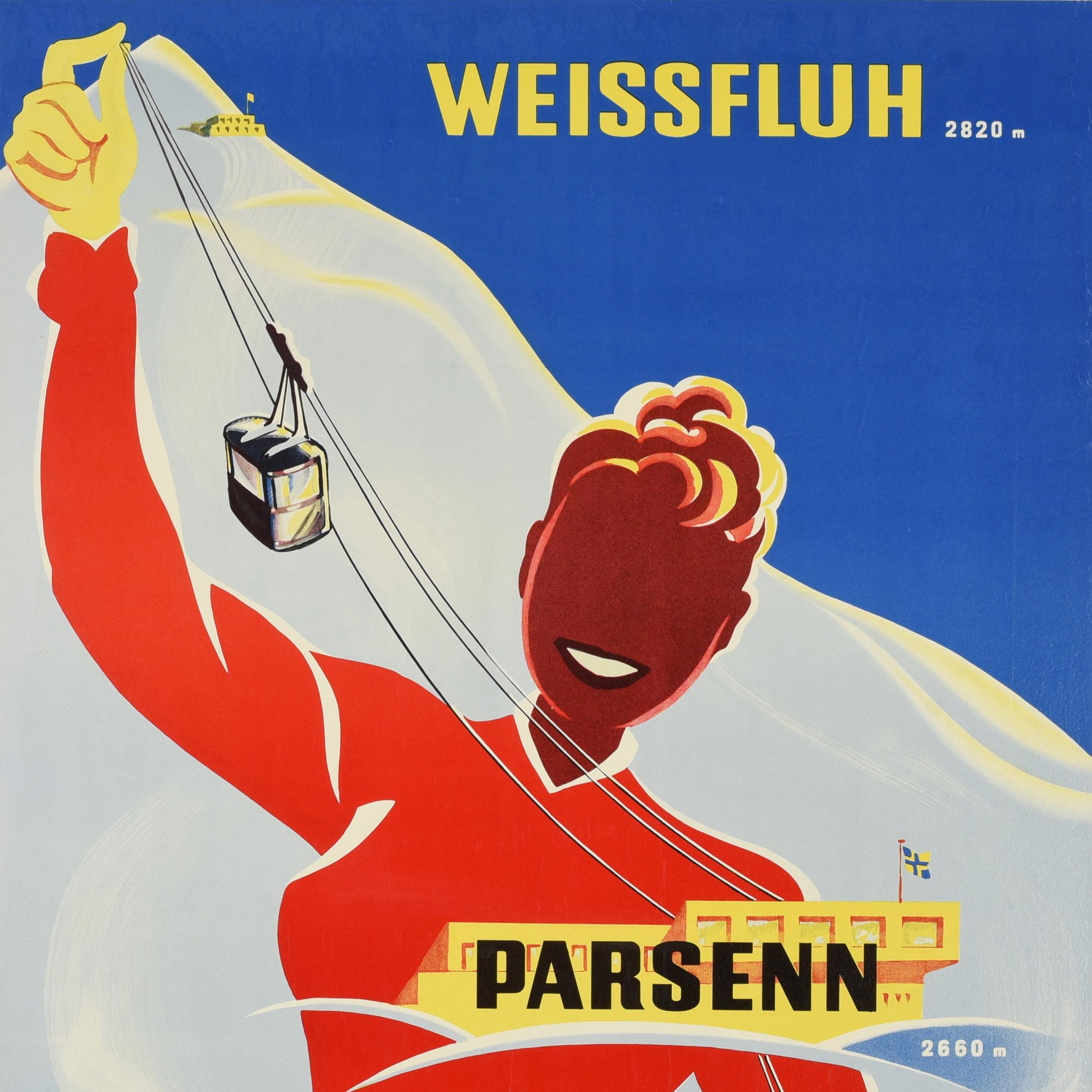 Original vintage ski resort poster for Davos - Weissfluh 2820m Parsenn 2660m Davos 1560m Schweiz Suisse Switzerland. Colourful image of a smiling lady wearing a red top holding the top of a cable car in one hand with a red funicular railway train