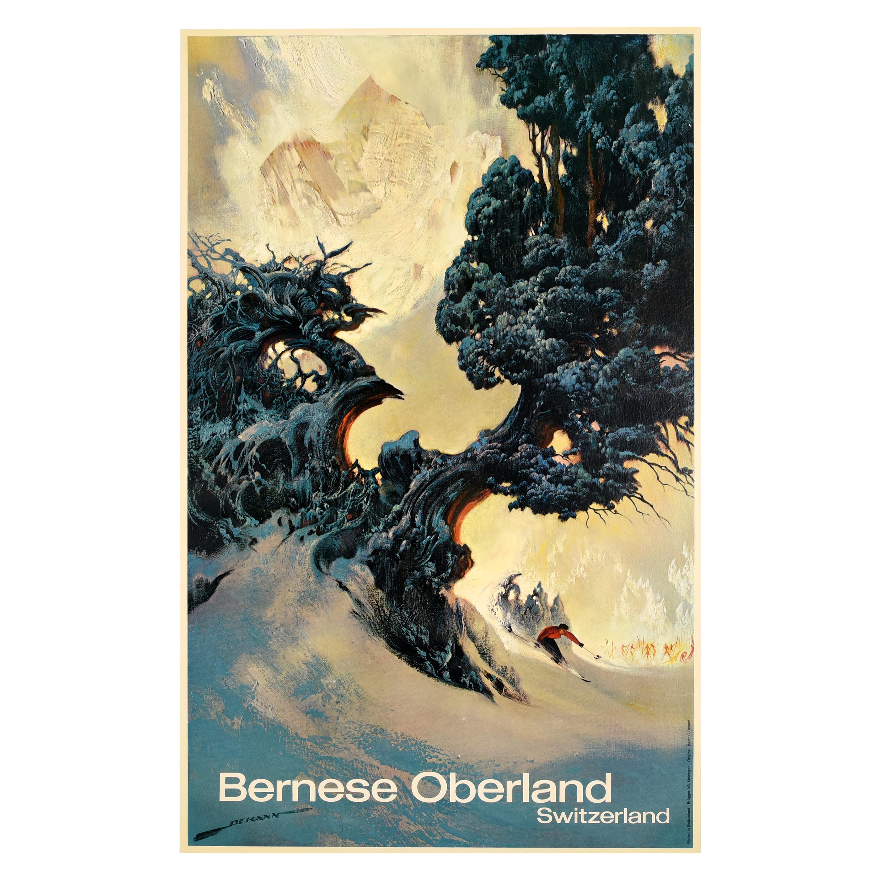 Affiche rétro originale de voyage pour les sports d'hiver, Oberland bernois, Suisse en vente