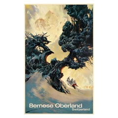 Original Vintage Ski Winter Sport Travel Poster Bernese Oberland Switzerland