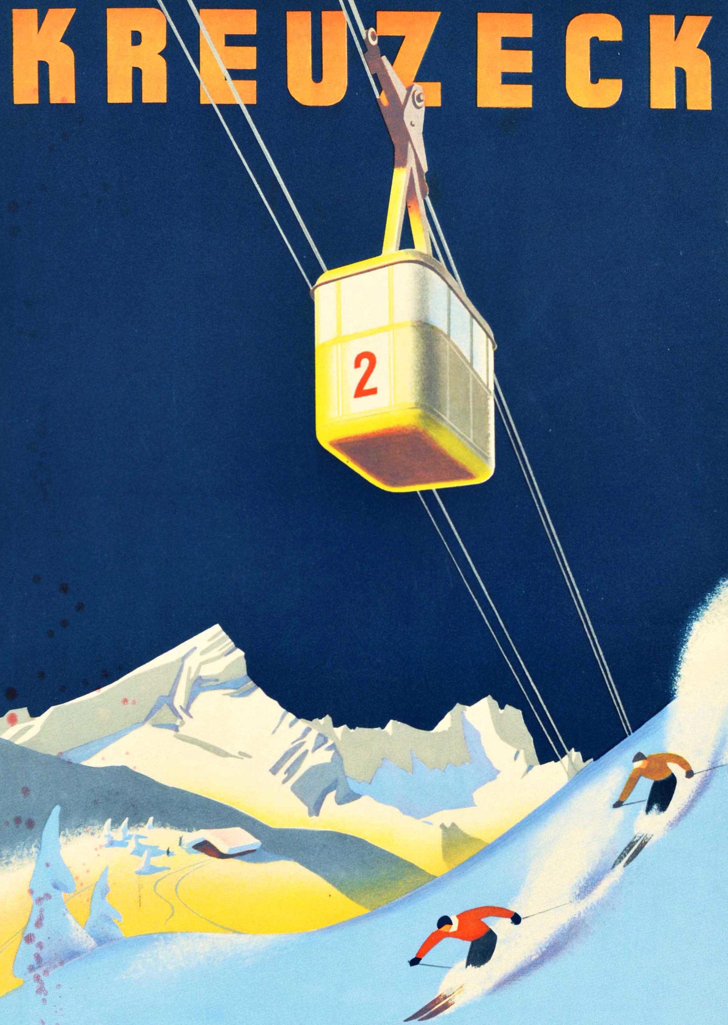 Original-Ski- und Wintersport-Reiseplakat, das für das Skigebiet Garmisch Classic am Kreuzeck in den bayerischen Alpen in Deutschland wirbt. Atemberaubendes Bild im Art-Déco-Stil, das zwei Personen beim Skifahren durch weißen Neuschnee unterhalb