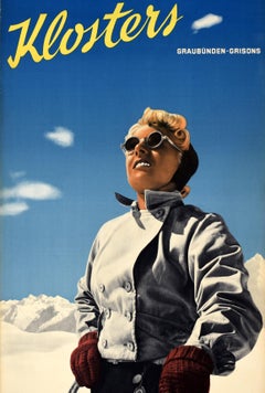 Original Vintage Skiing And Winter Sport Poster Klosters Ski Switzerland Grisons