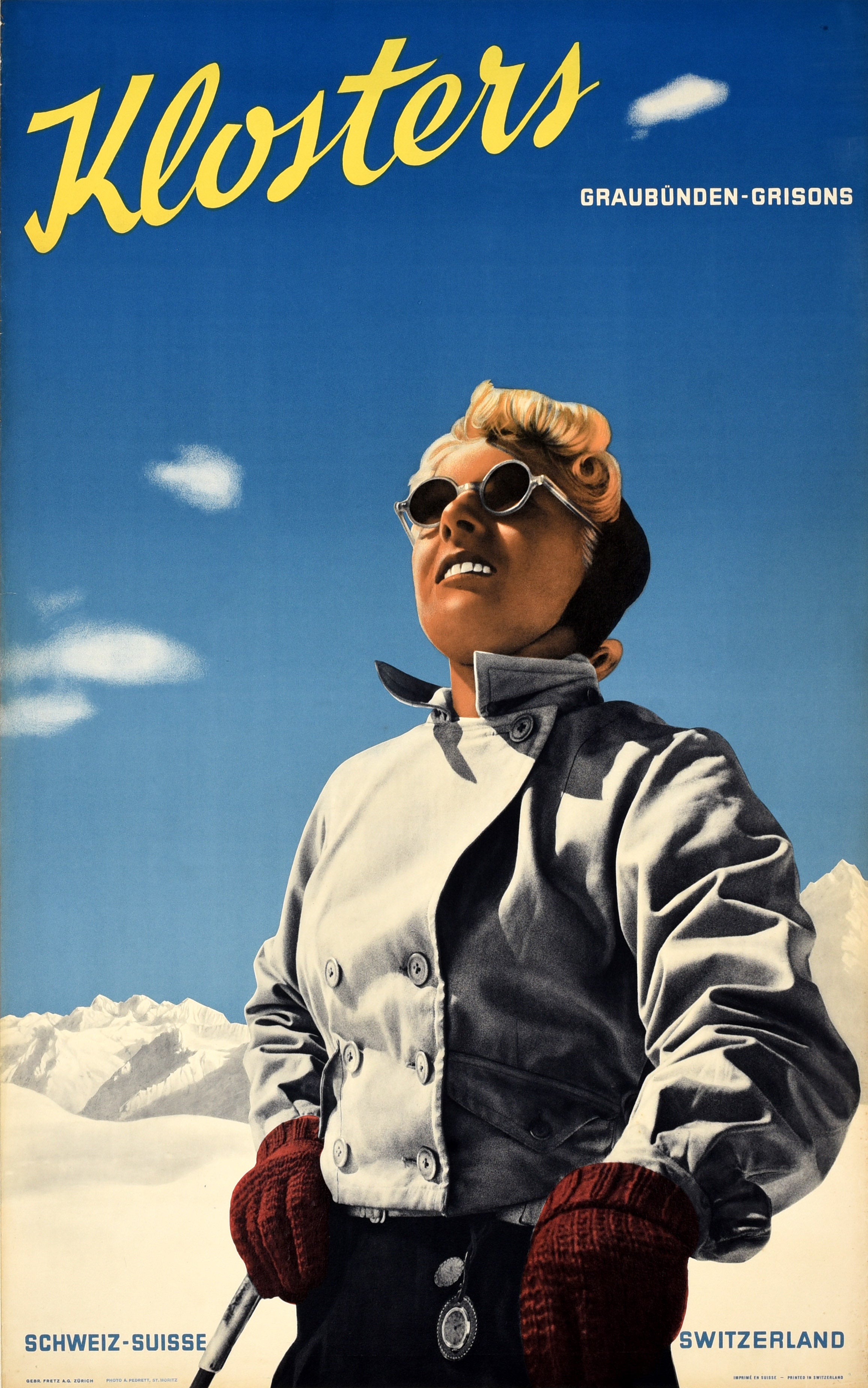 Original Vintage Skiing And Winter Sport Poster Klosters Ski Switzerland Grisons