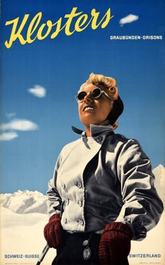 Original Vintage Skiing And Winter Sport Poster Klosters Ski Switzerland Grisons