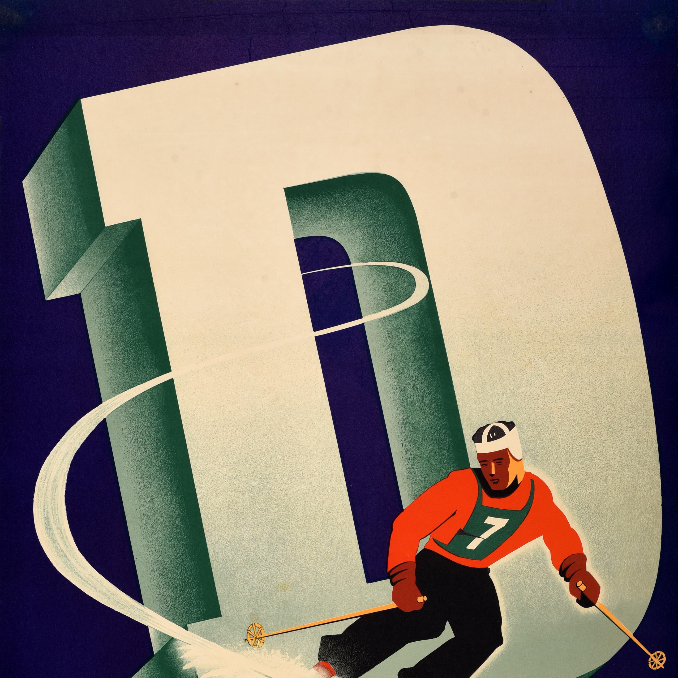 Original vintage skiing poster for the Dartmouth Winter Carnival held on 7-8 February 1941 featuring a dynamic design by Stanley Samuelson Pratt Institute depicting a skier wearing a number 7 bib and helmet skiing at speed through large green shaded