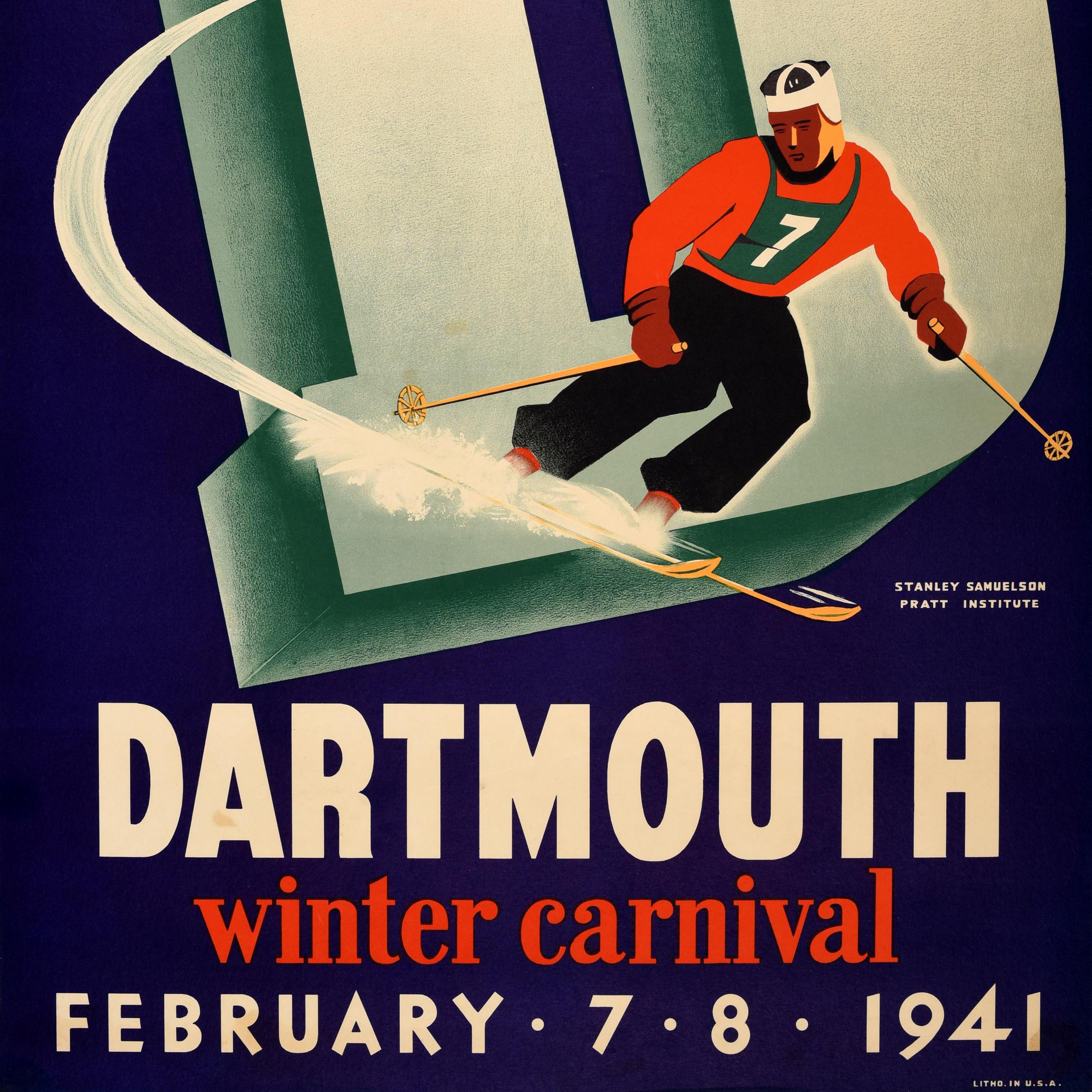 American Original Vintage Skiing Poster Dartmouth College Winter Carnival 1941 Ski USA For Sale