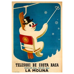 Original Vintage Skiing Poster La Molina Telesqui De Costa Rasa Snowman Spain
