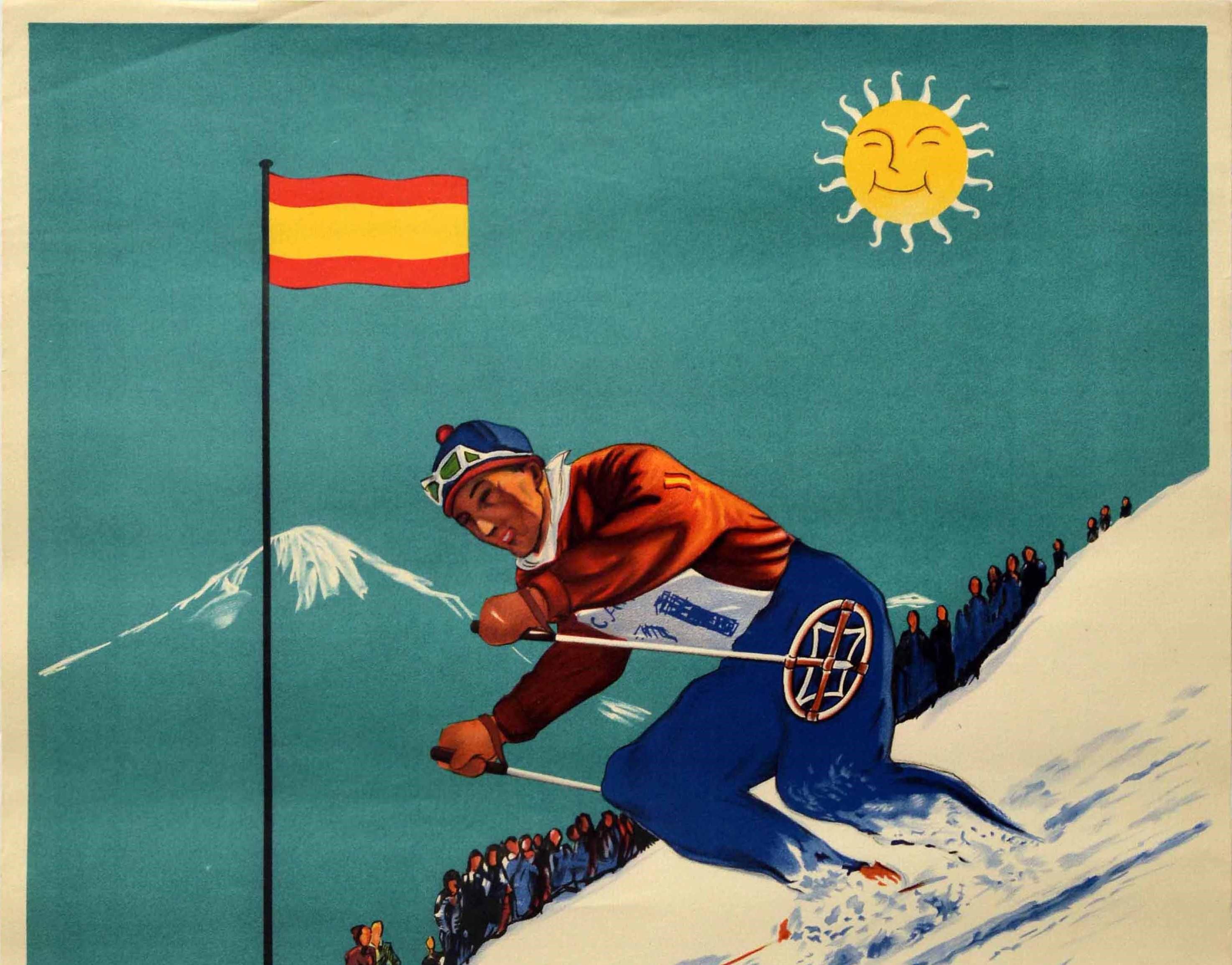 Original vintage winter sport alpine ski resort poster featuring a skier in red and blue skiing at speed down a snowy piste past a red and yellow flag of Spain flying over spectators with a snow topped mountain visible in the distance below a