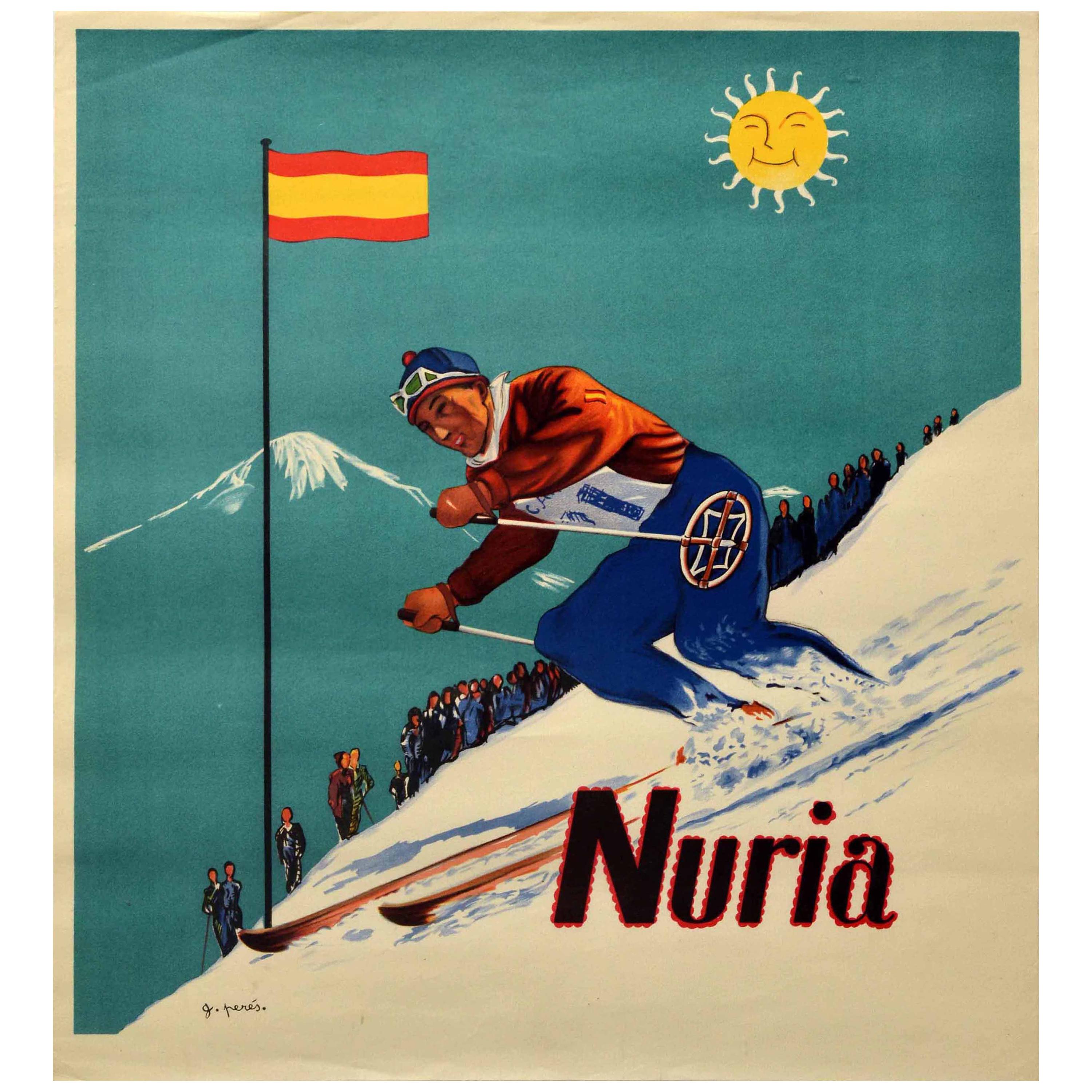 Affiche de ski vintage d'origine Nuria Catalonia Espagne Pyrenees Ski Sport d'hiver en vente
