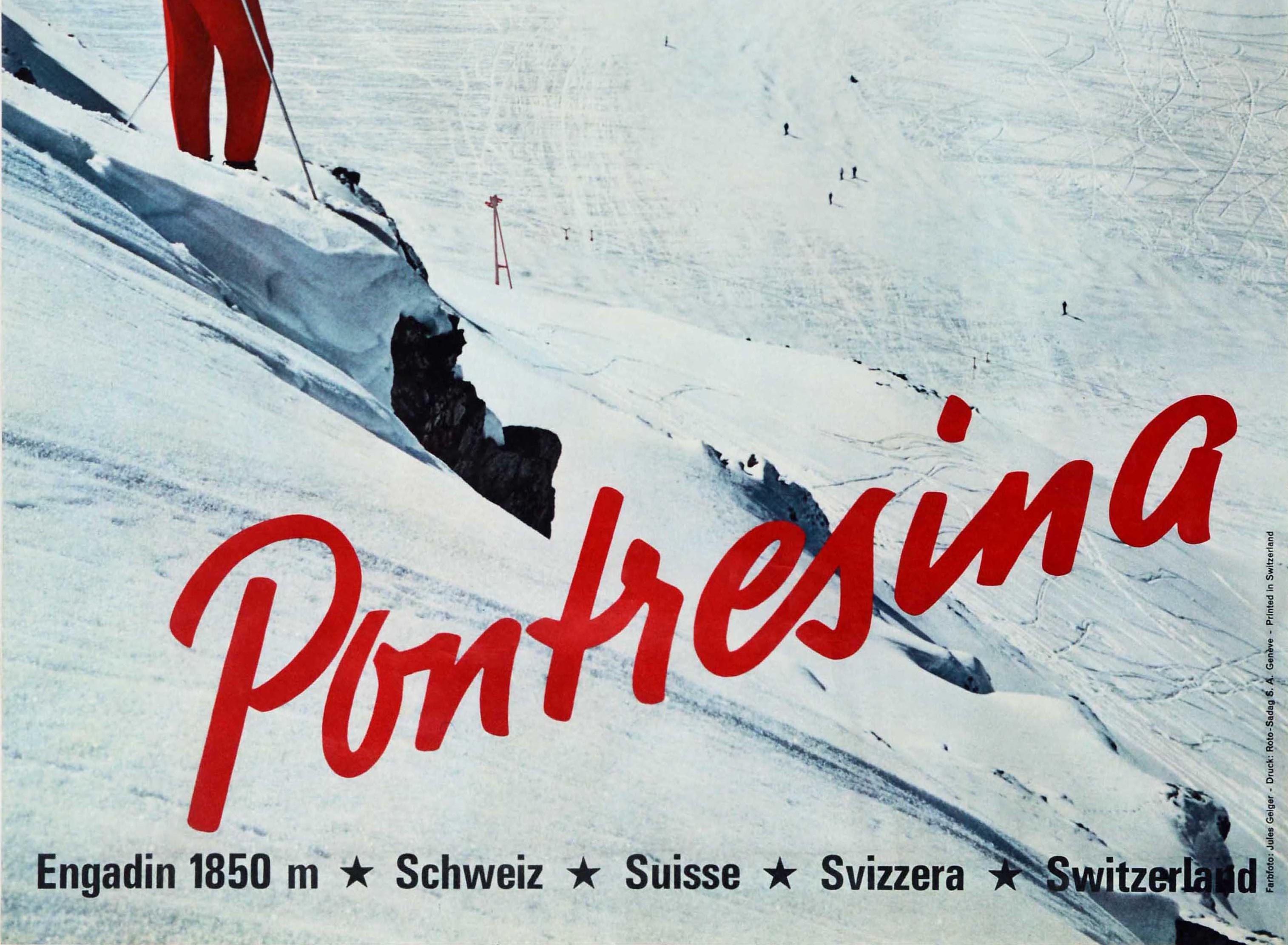 Original Vintage Skiing Poster Pontresina Switzerland Winter Sport Swiss Alps In Good Condition For Sale In London, GB