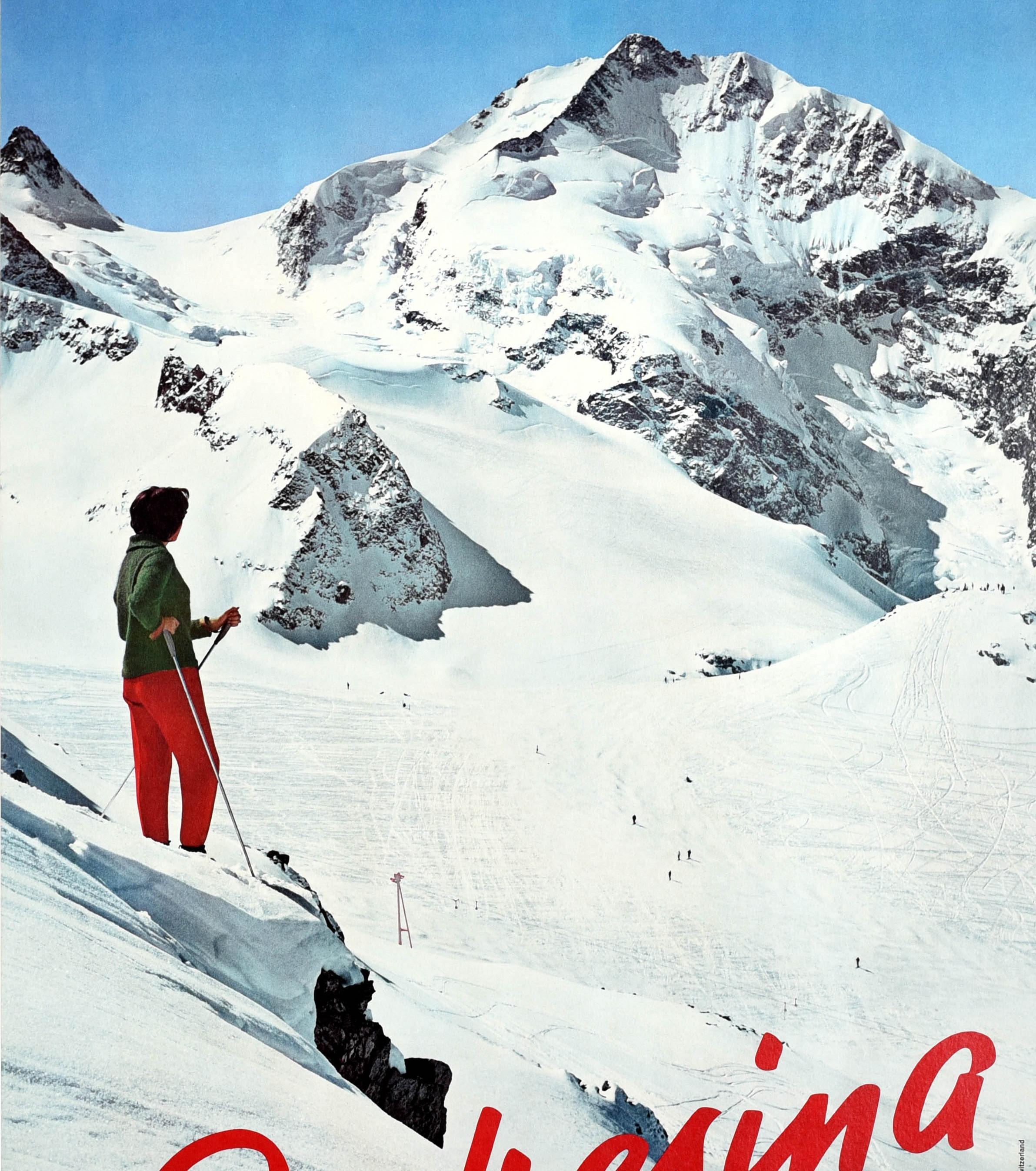 Milieu du XXe siècle Affiche vintage d'origine de ski de Pontresina en Suisse, Sports d'hiver, Alpes suisses en vente